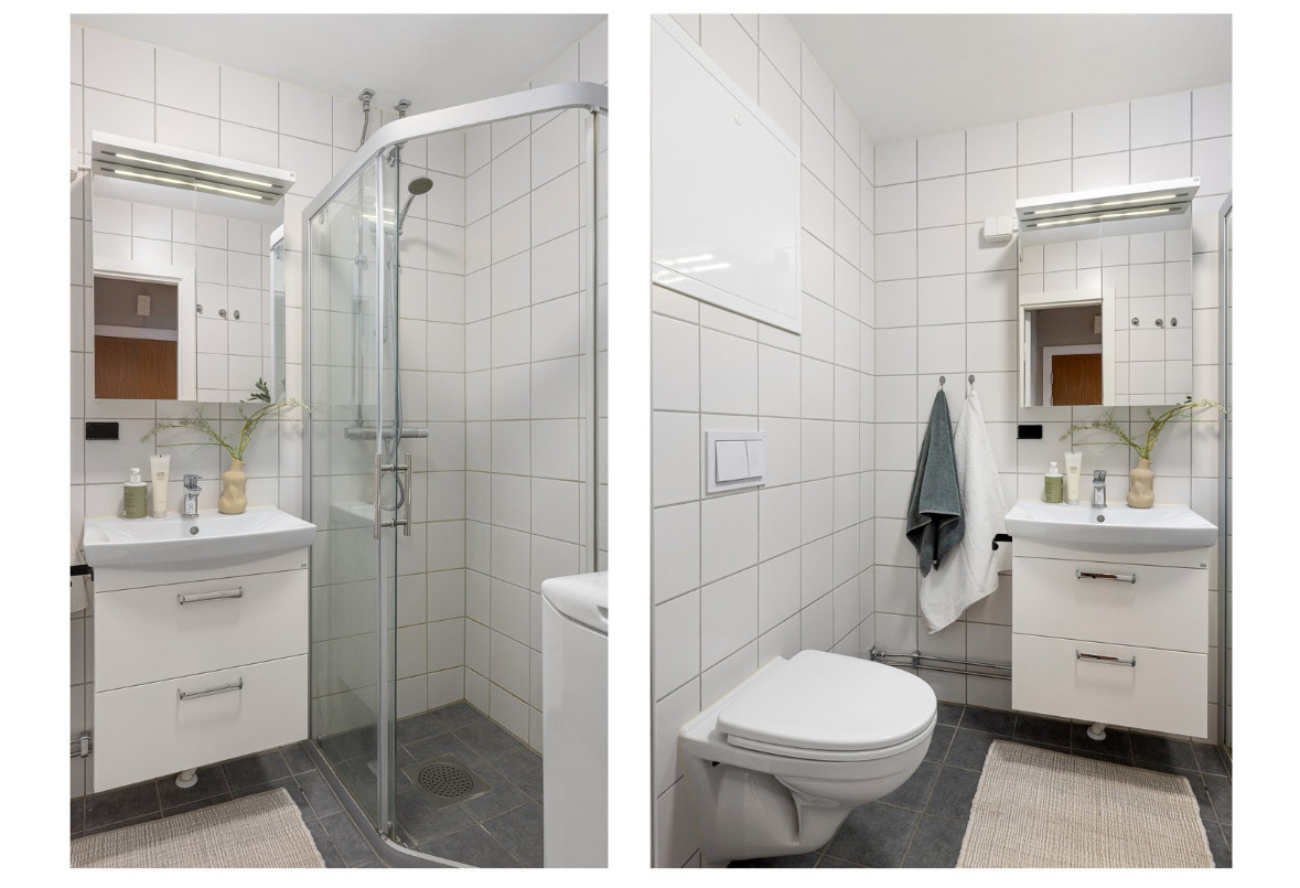 Baderommet har opplegg for vaskemaskin, termostatstyrt gulvvarme, fliser på gulv og vegger, samt malt overflate i himling.