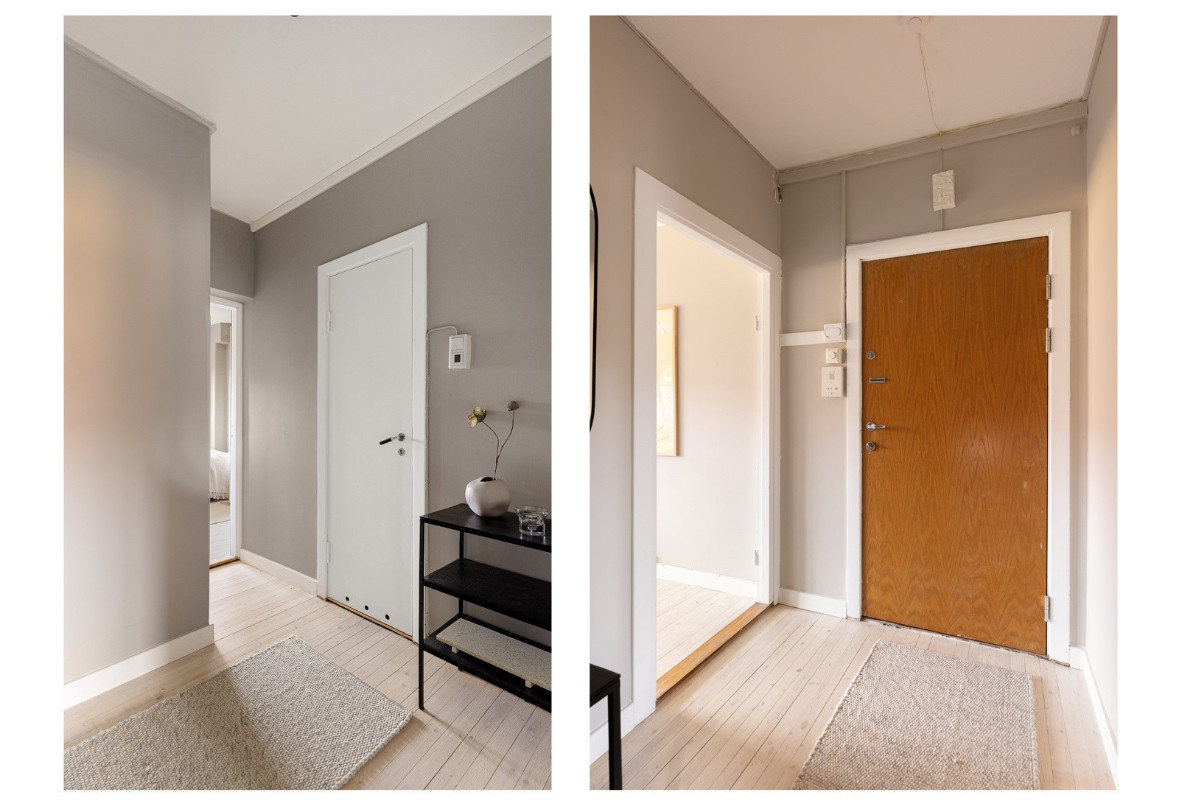 Fin entre/gang med plass til oppheng av yttertøy og oppbevaring av sko. Brann- og lydklassifisert entredør og dørcallingsystem montert på vegg.