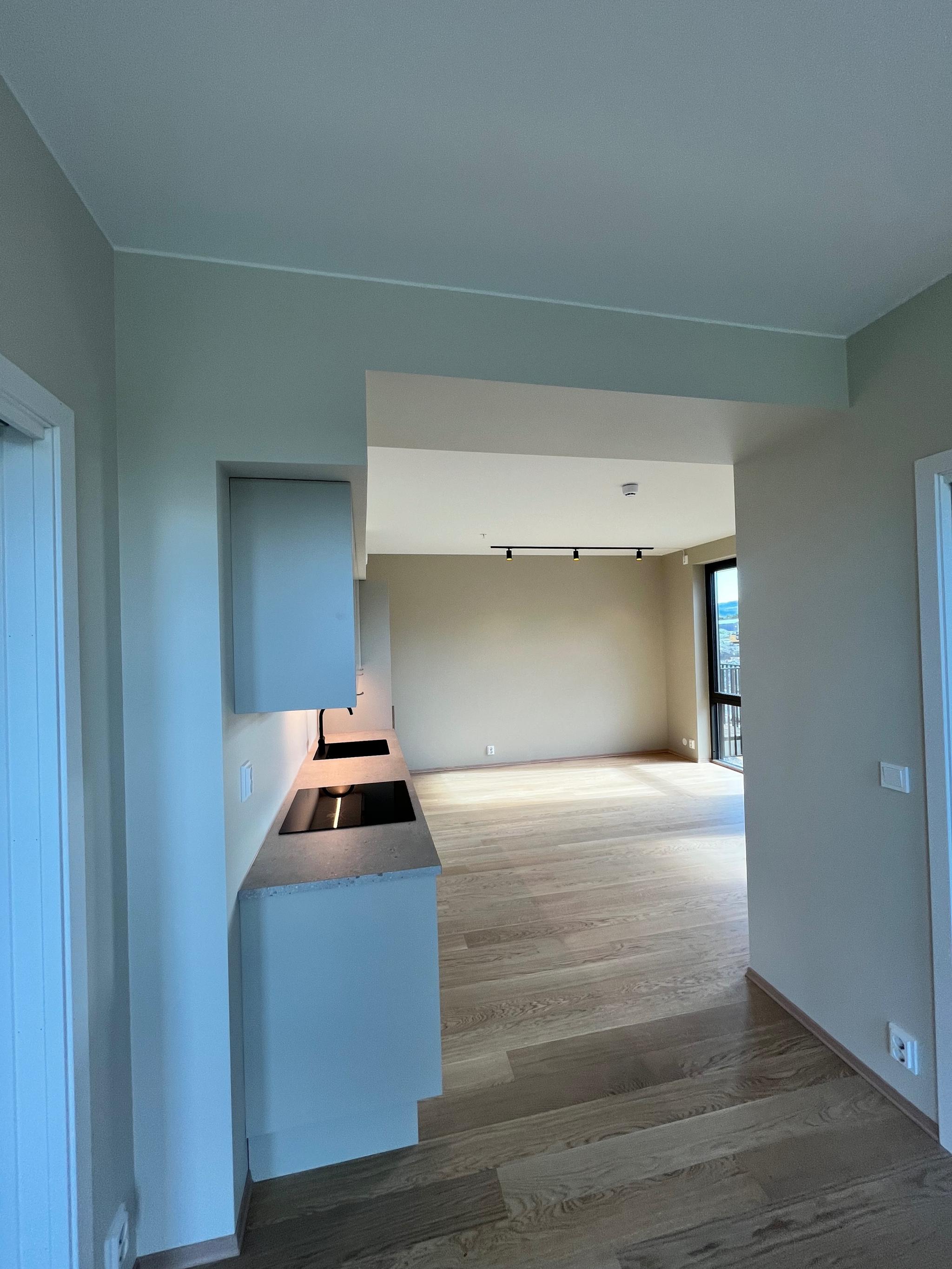 Kjøkken og stue. Bildet er tatt fra spisestuen