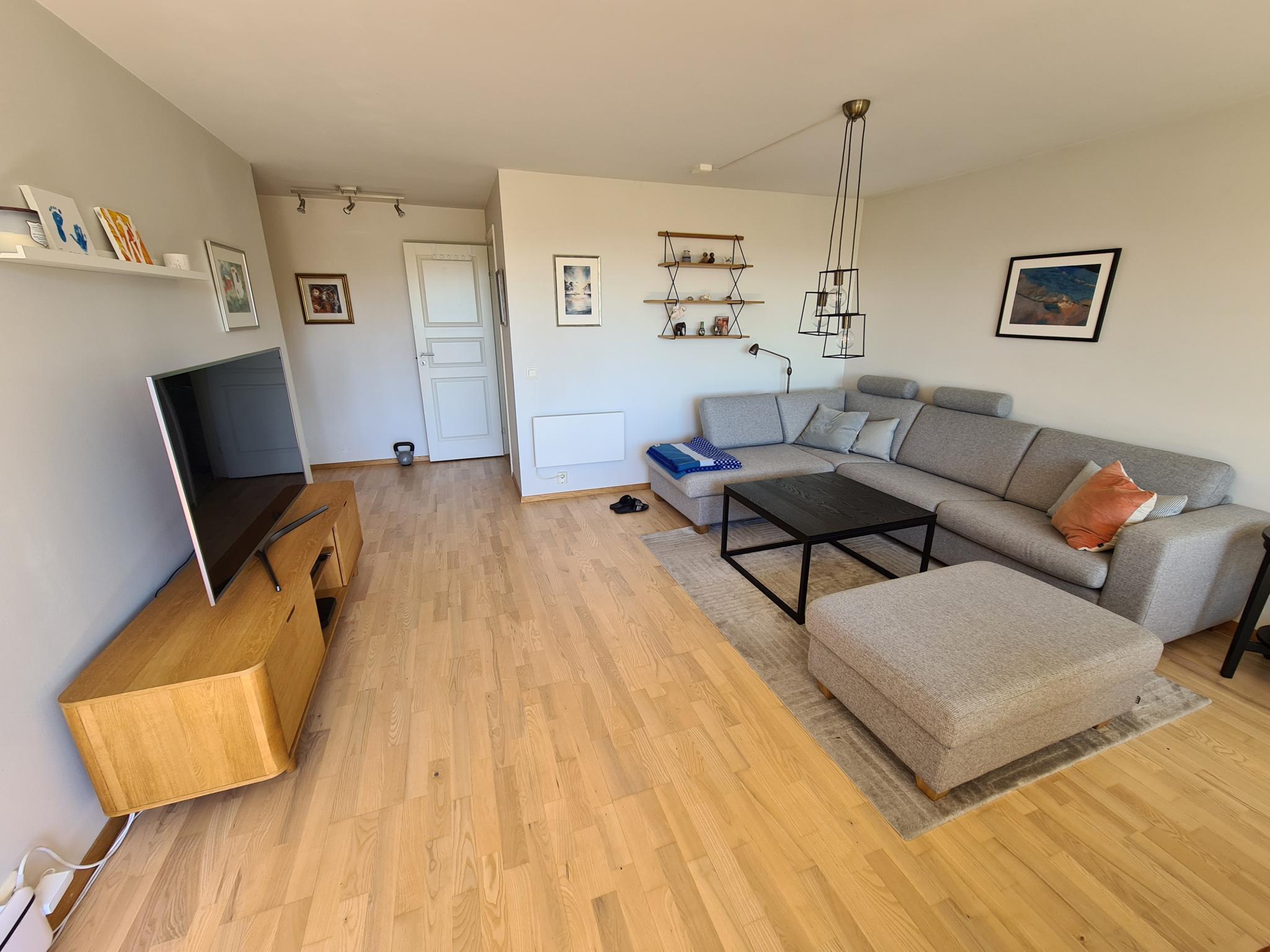 Romslig stue med god plass til stor sittegruppe.