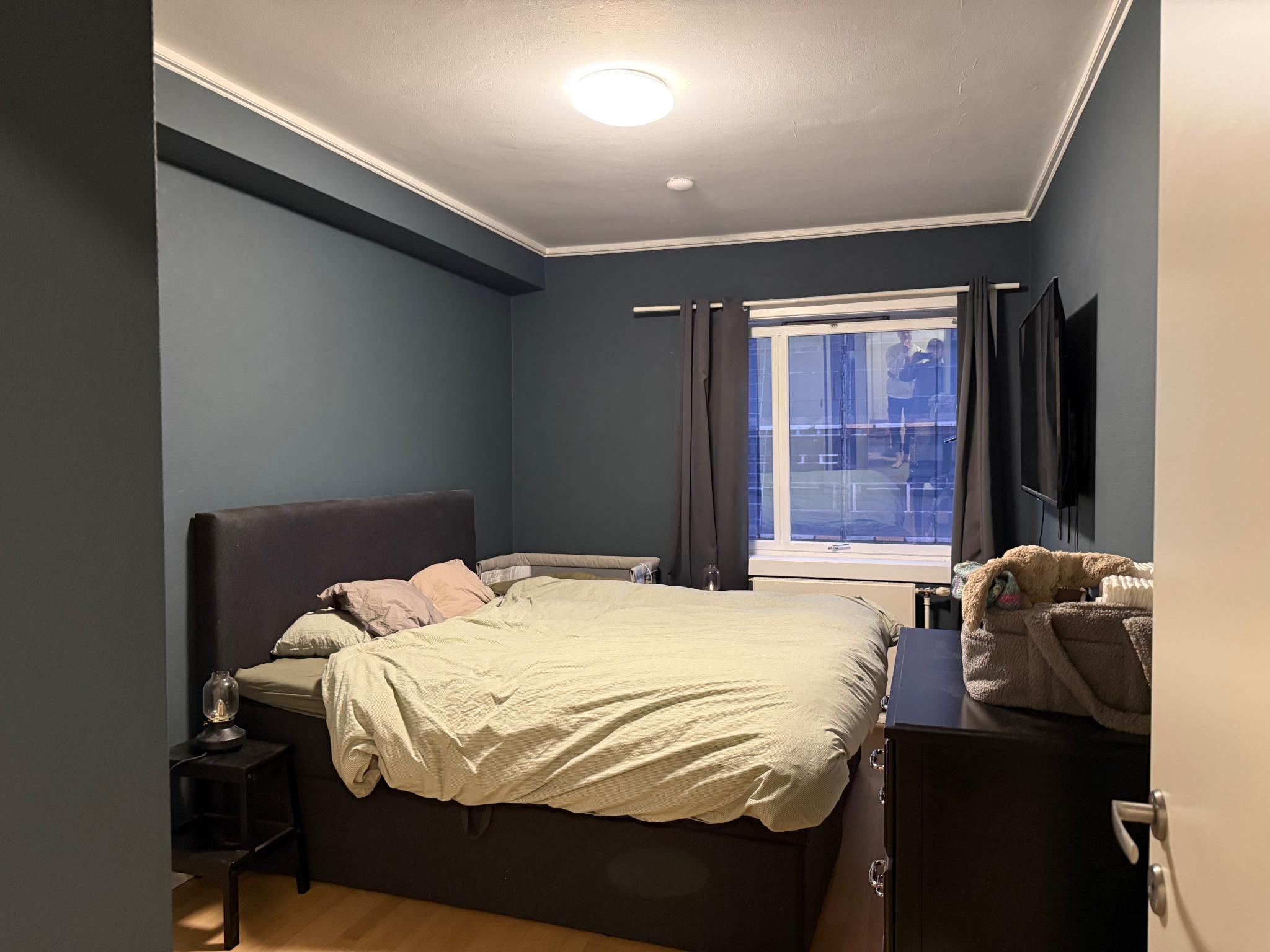 Sov 1, blå vegger, leies ut umøblert - bilde for å vise hvordan rommet er med møbler. 