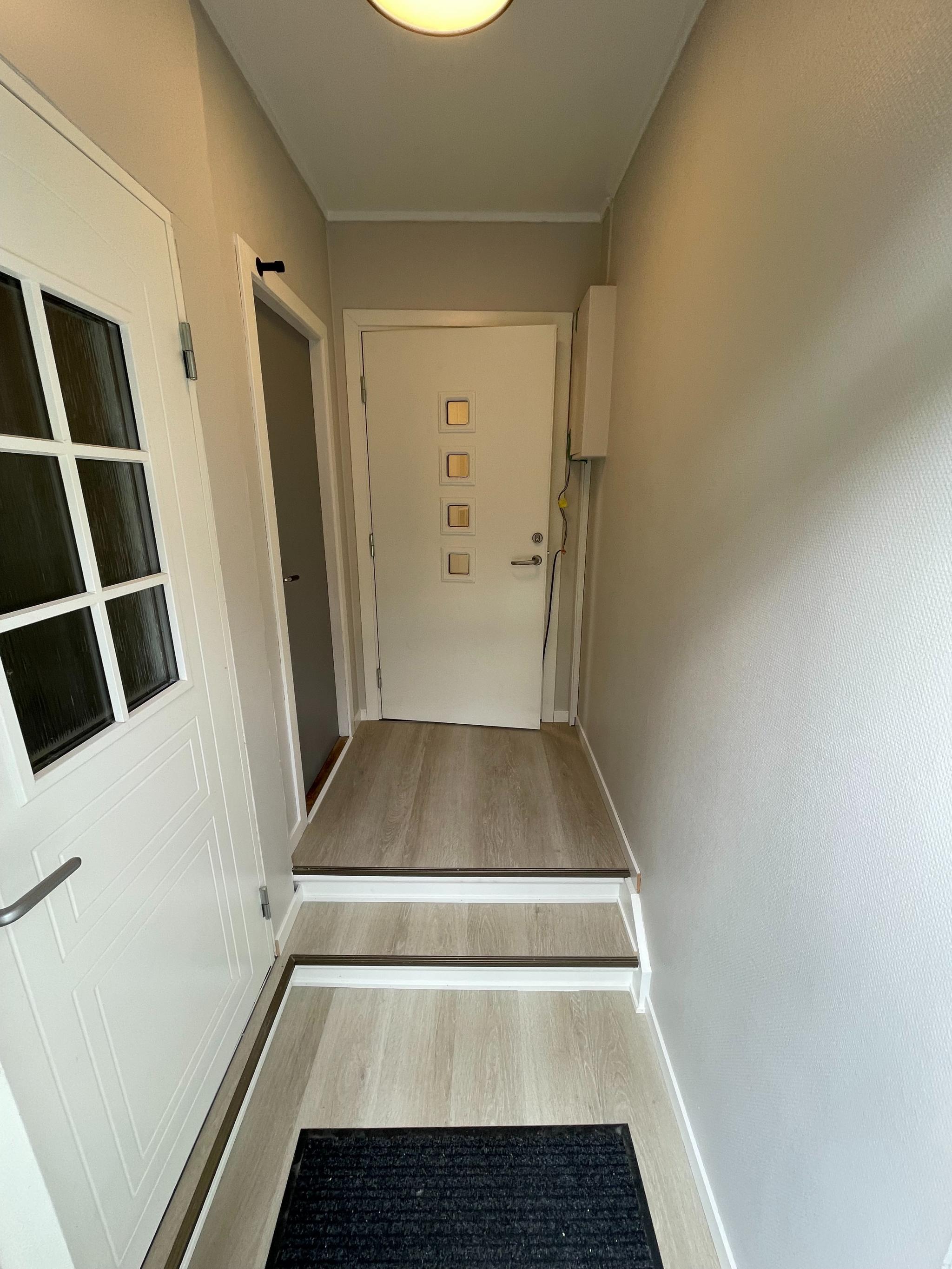 Yttergang felles, dør til leilighet rett fram