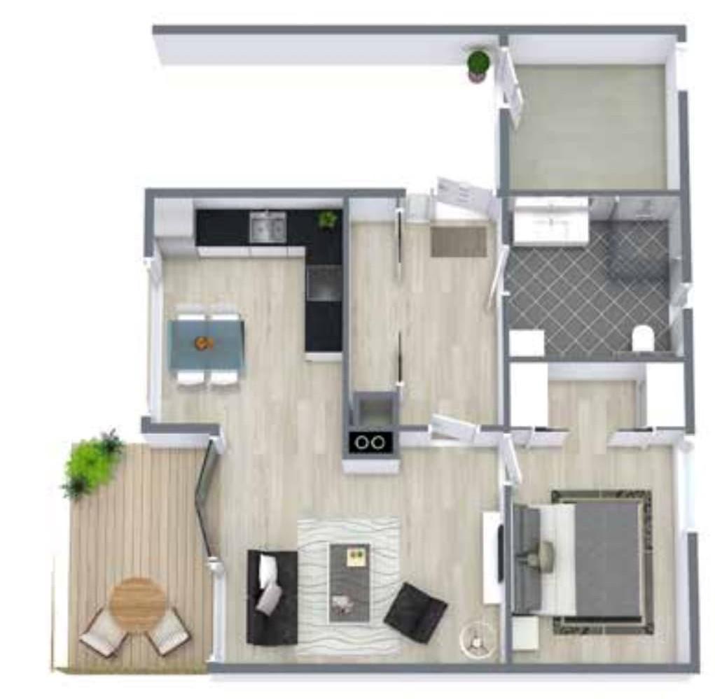 Planløsning: romslig stue med åpen kjøkkenløsning, stort bad, soverom og gang med garderobe