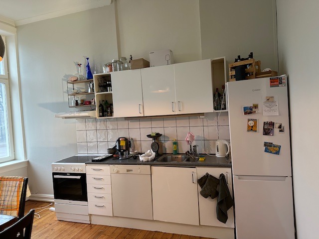 Kjøkken med komfyr, oppvaskmaskin og kombiskap kjøl/frys.