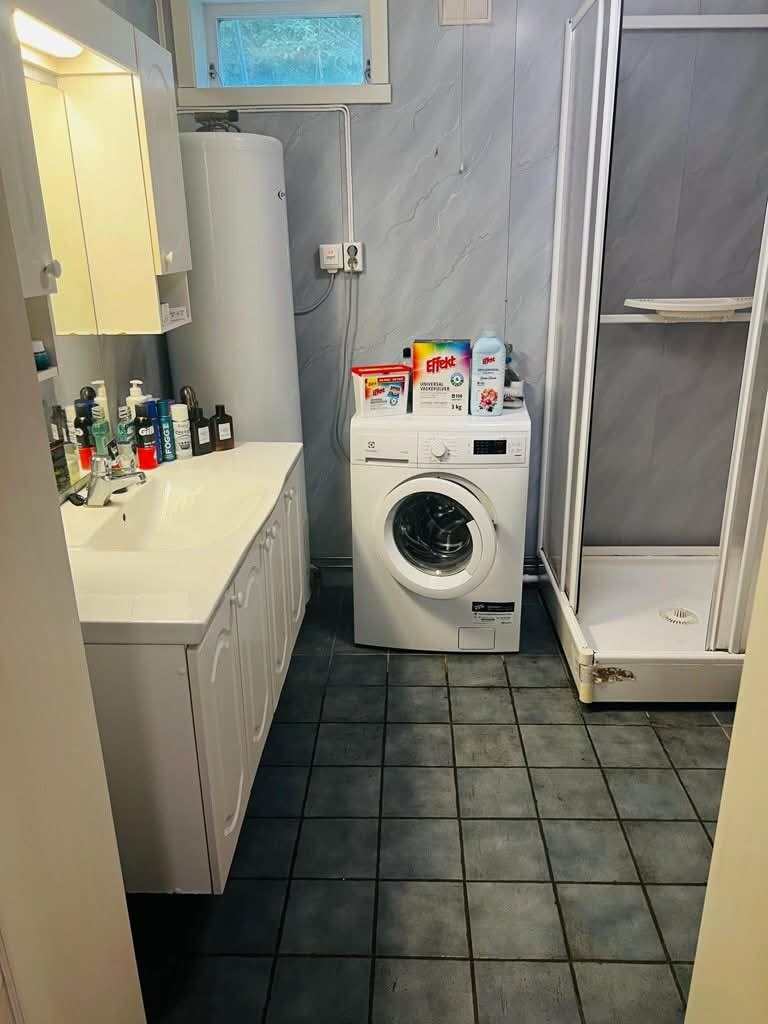 Badet har vaskemaskin og dusjkabinett