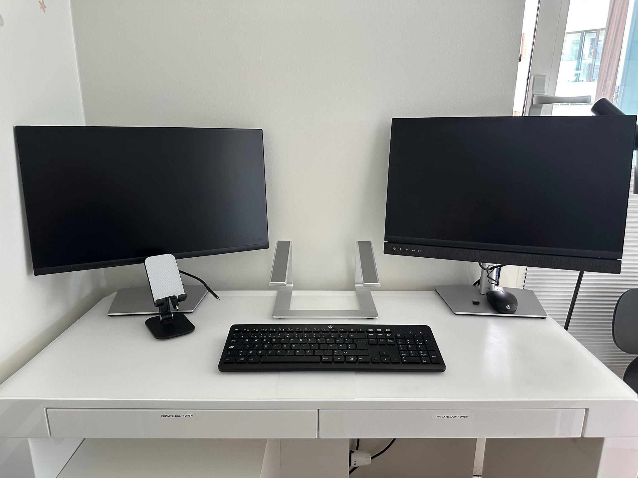 Dual monitor home office set up. 