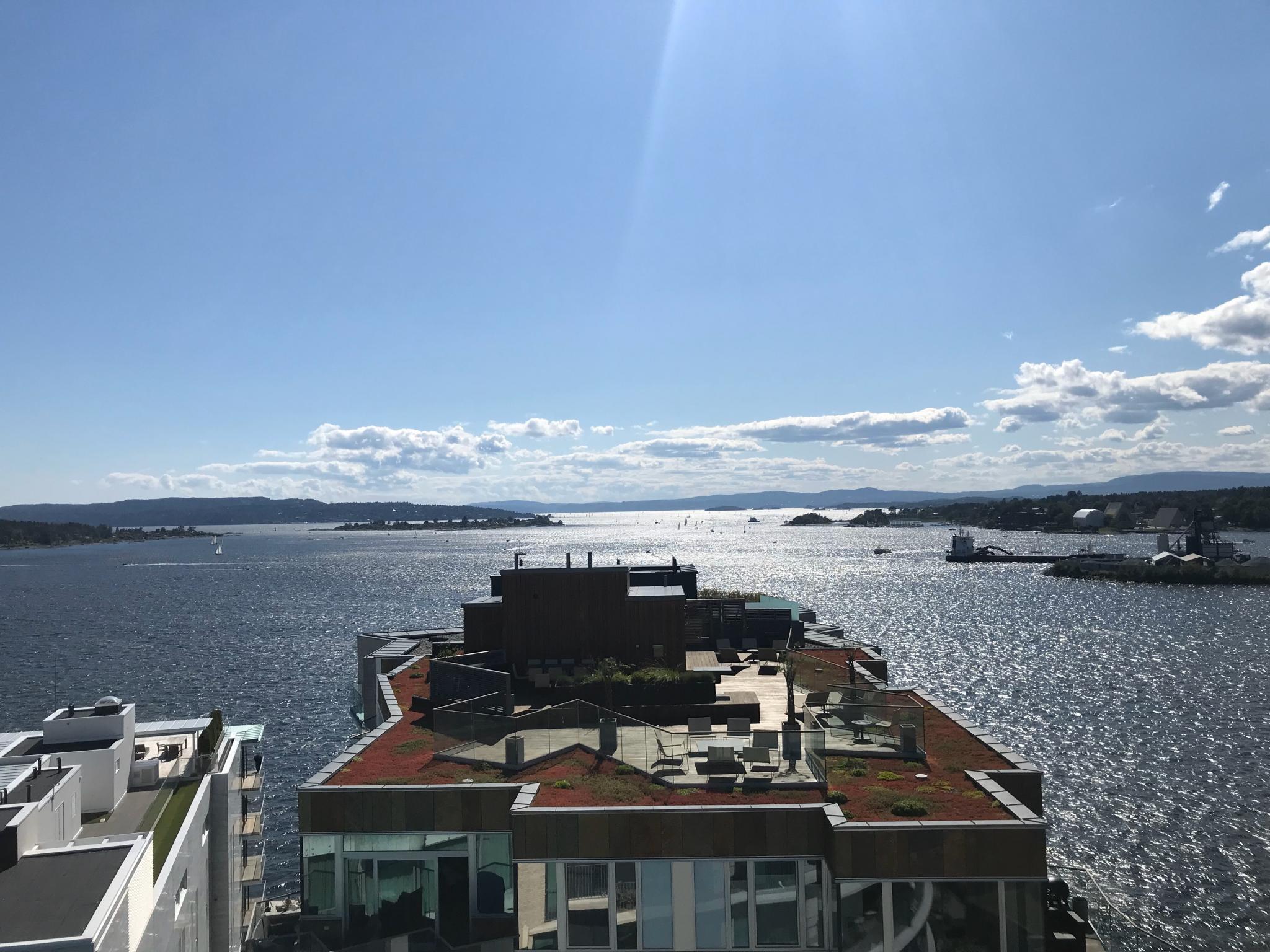 Spektakulær sjøutsikt fra takterrassen og egen balkong
