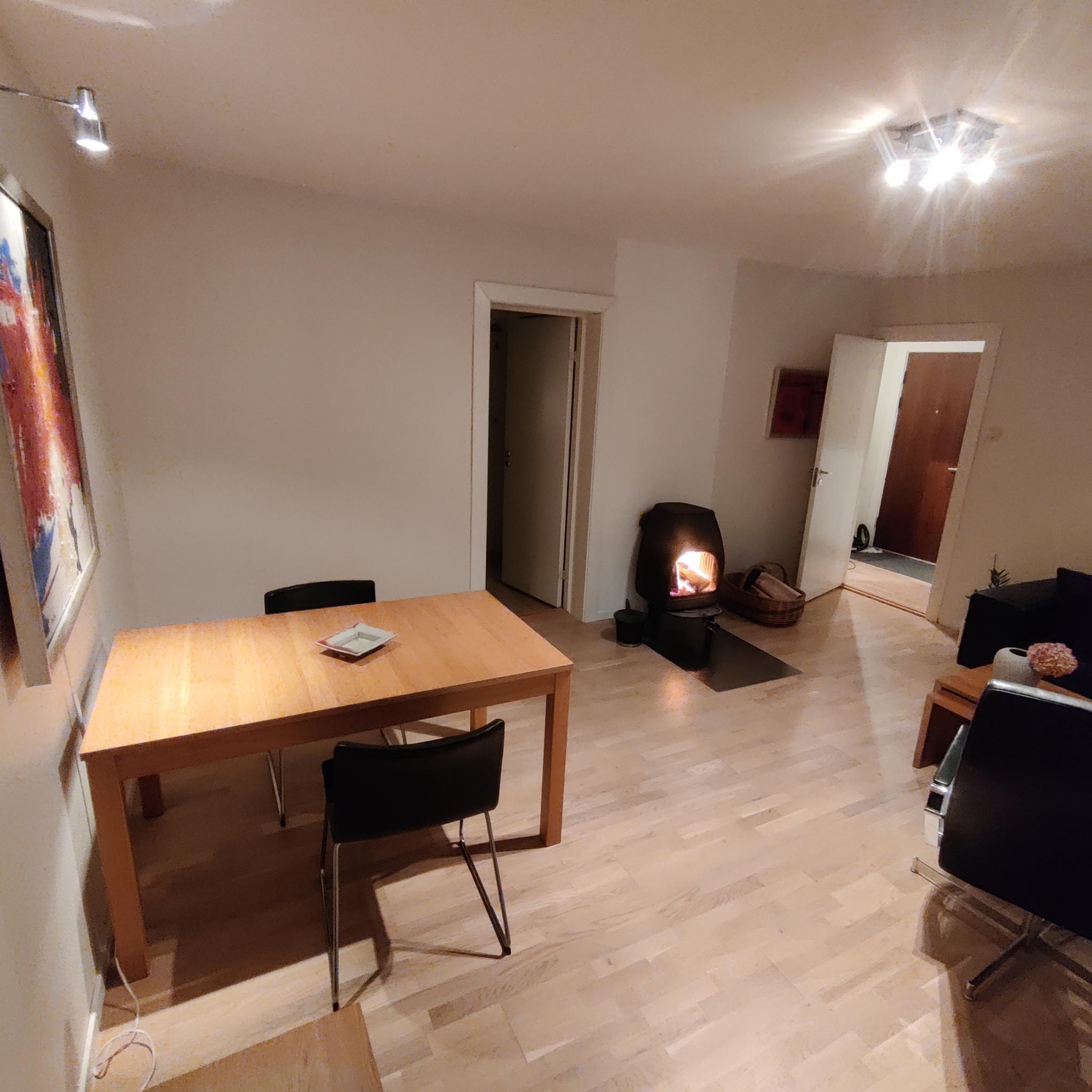 Romslig stue med vedovn