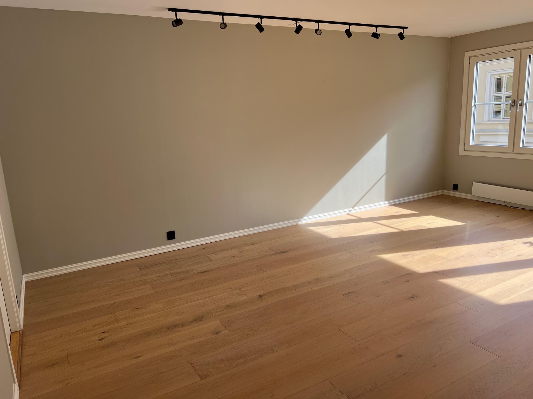 Romslig og lys stue med plass til både 4-seters sofa og spisebord 