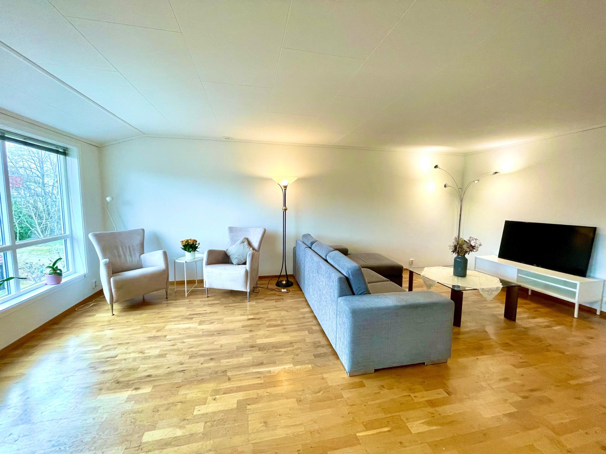 Stuen med tv/sofa hjørne samt en liten lese krok ved vindu.