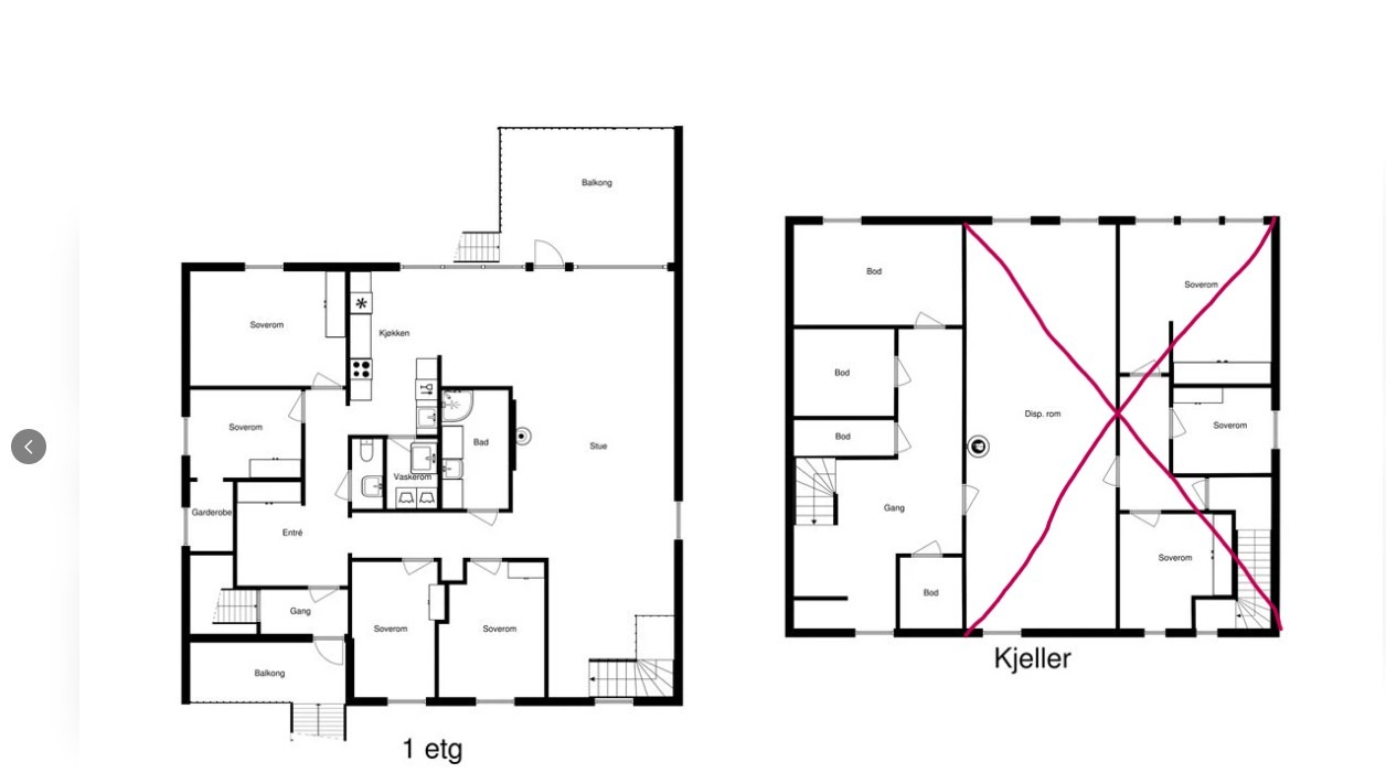 I plantegningen er vaskerom og bad kombinert til et rom med effektiv planløsning. Kjøkkenet er utvidet og gir god plass til både matlaging og oppbevaring.