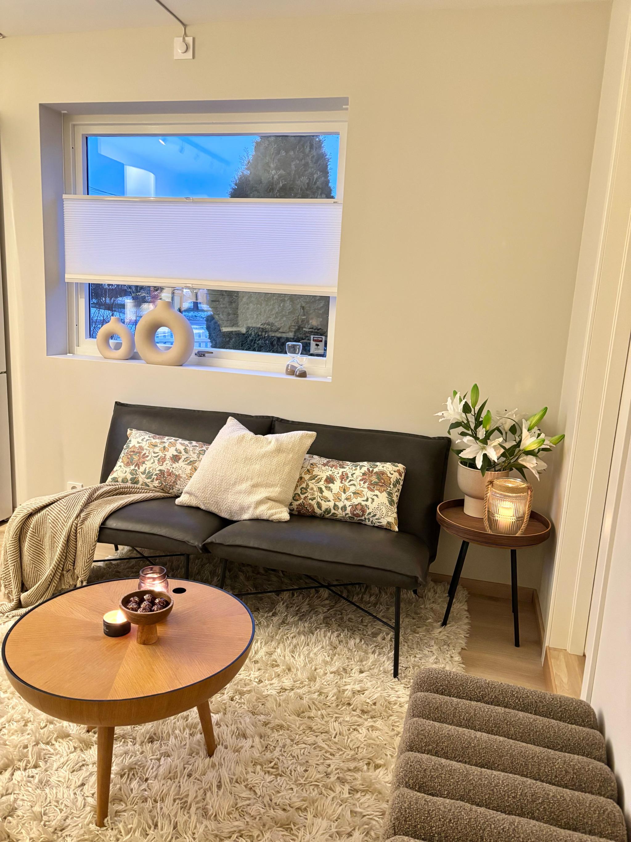 Flere vinduer gjør at dagslys slipper inn i leiligheten. Vinduer i stue/soverom har plisssegardiner. 