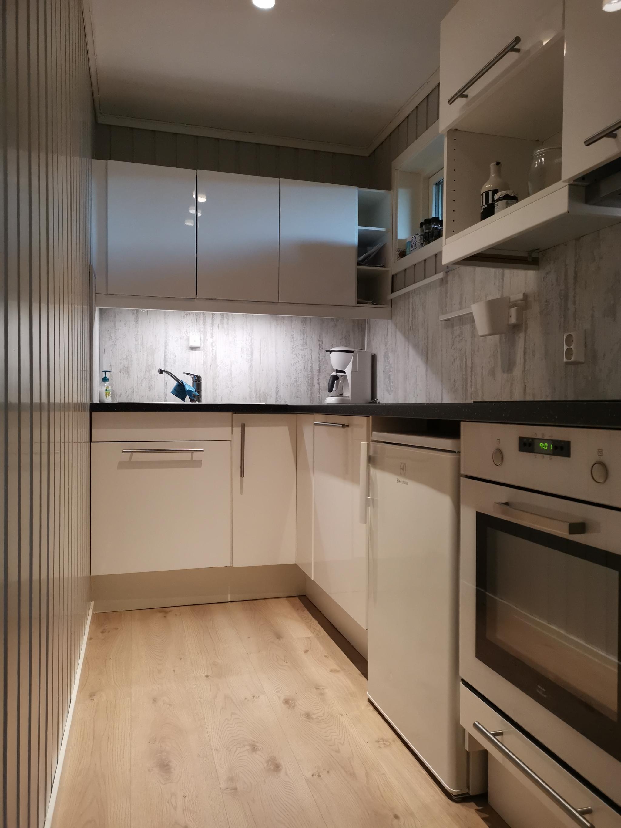 Kjøkken med blant annet oppvaskemaskin og induksjonsplatetopp.