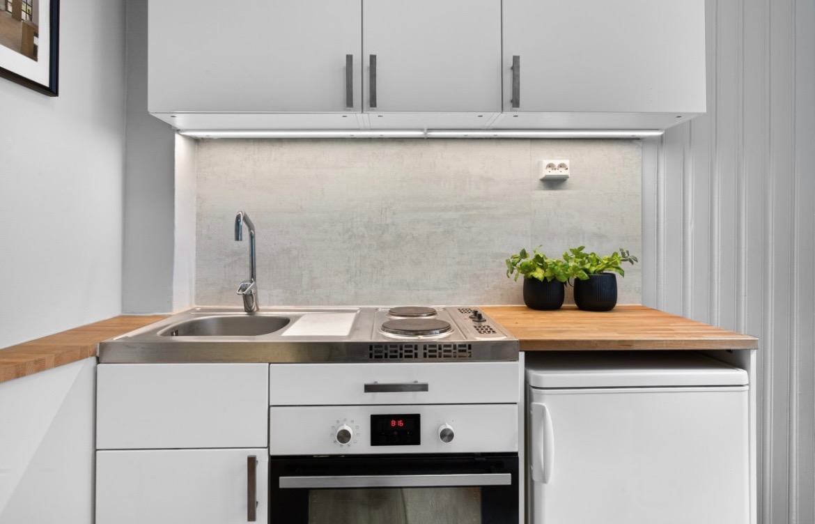 Kjøkkenhjørne, med kjøkkenutstyr