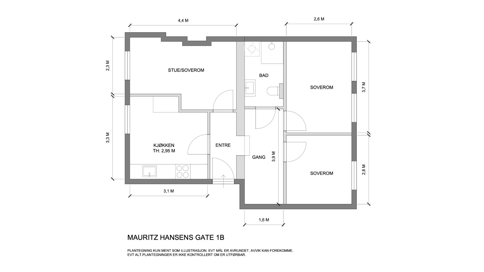 Illustrasjon av planløsning. Aktuelt hybelrom nede til høyre på bildet.