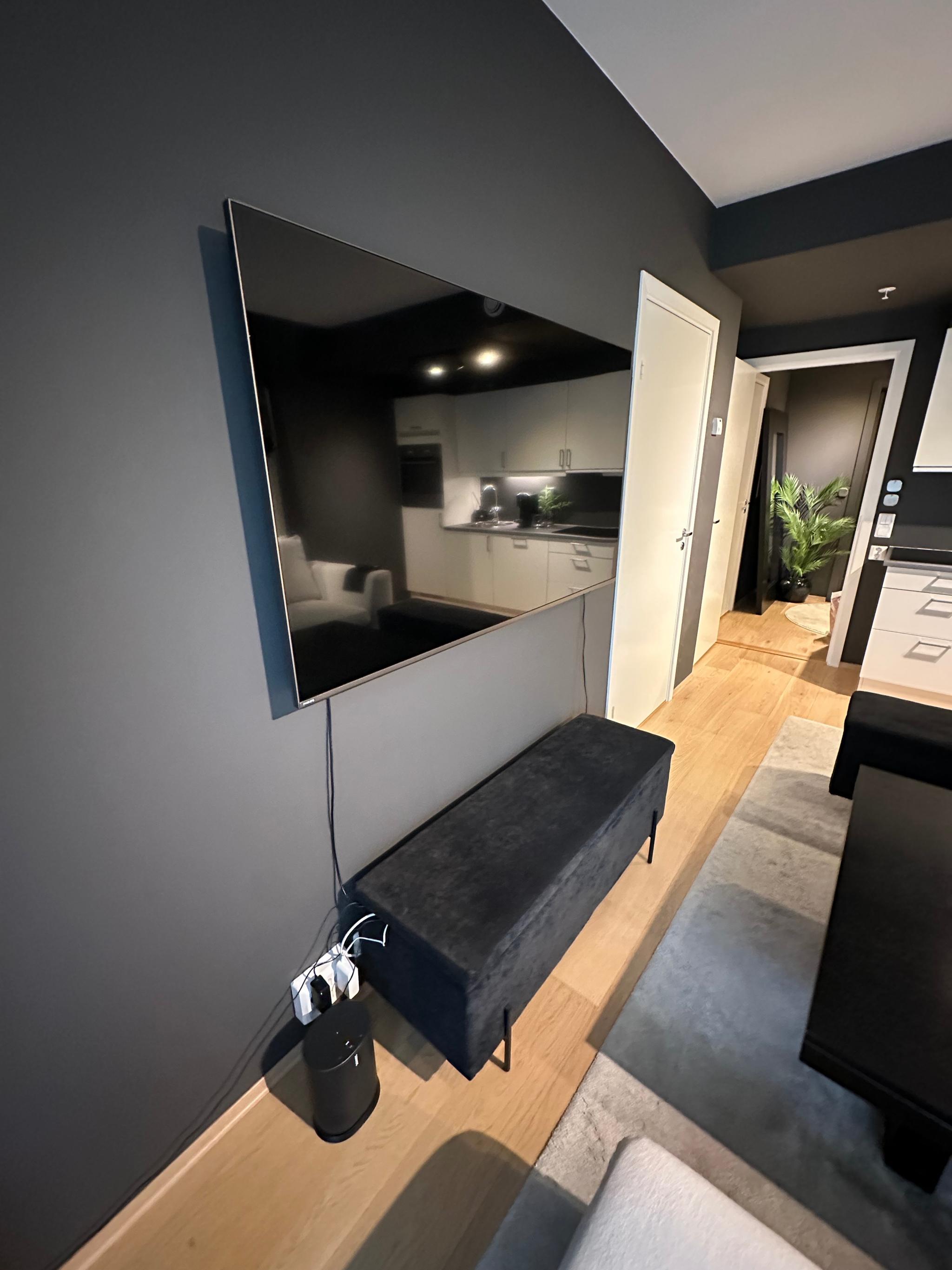 Stor TV og sonos-høyttaler.
TV-en har diverse LED-belysning på baksiden av TV-en som kan slås på/av etter ønske.