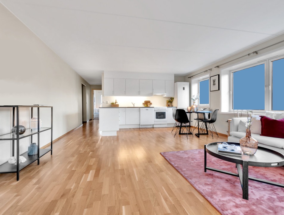 Stue med åpent kjøkken