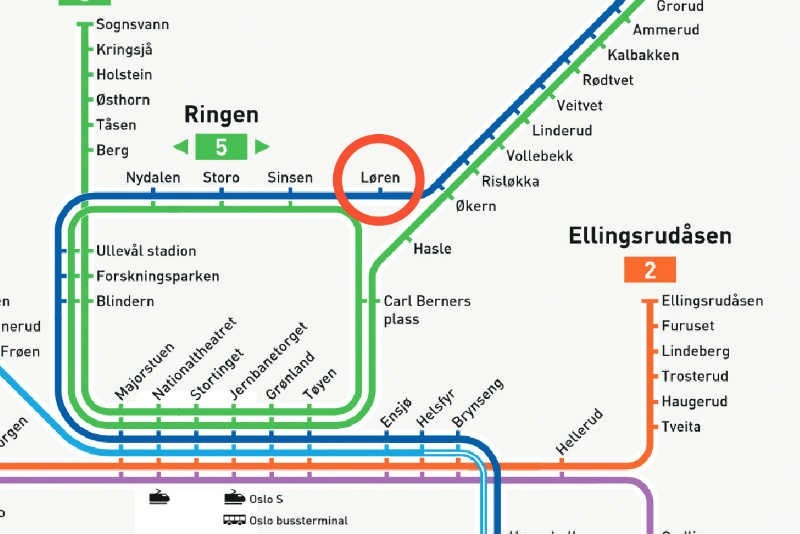 Løren T-banestasjon ligger mellom T-banestasjonene på Sinsen og Økern.