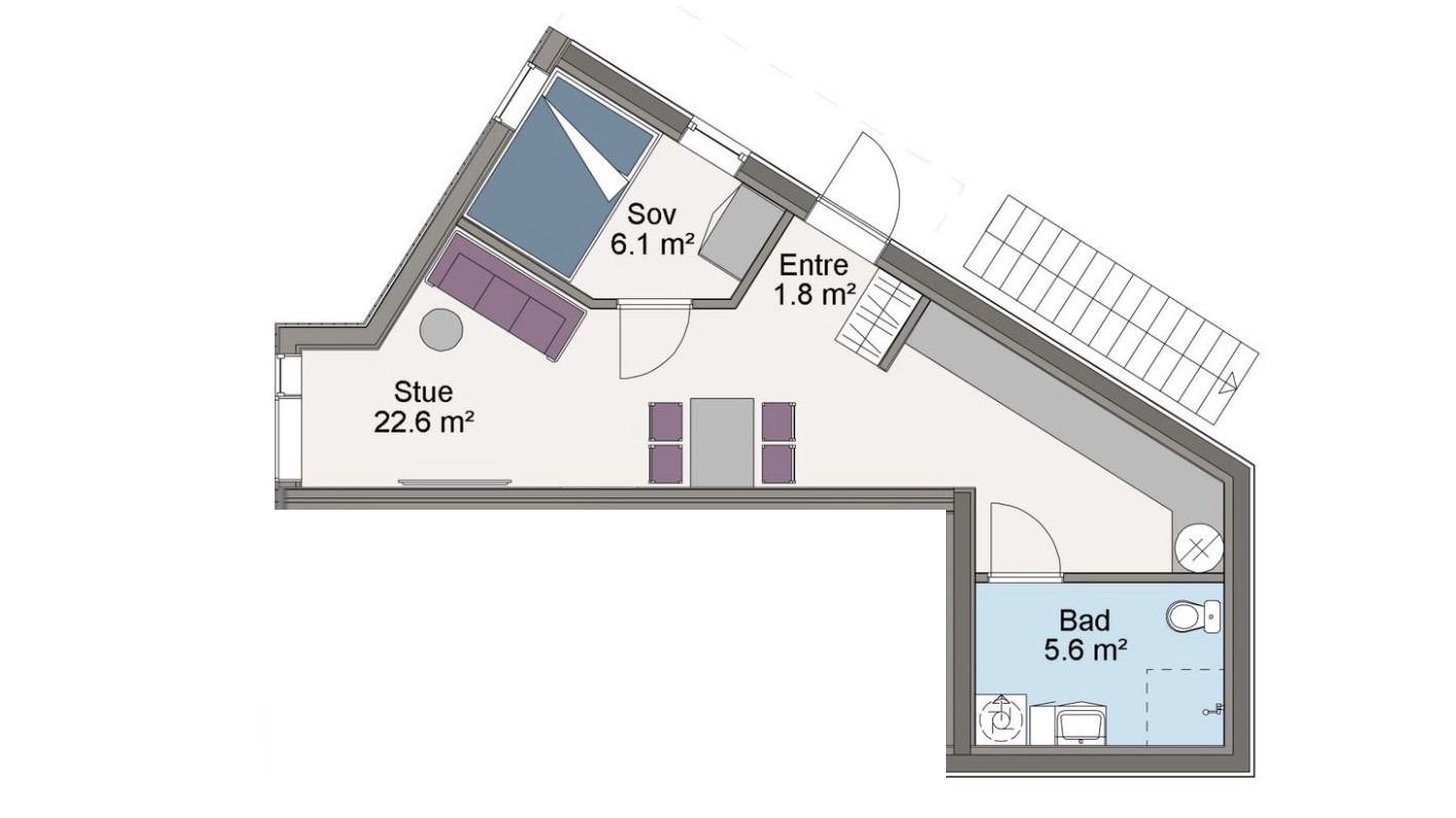 Planskissen viser en arealeffektiv og gjennomtenkt bolig med god romflyt. Fra entréen kommer man inn i en praktisk gang med plass til oppbevaring av yttertøy og sko. Videre åpner boligen seg opp mot en lys stue med naturlige møbleringssoner for både sofagruppe og TV-løsning.

Kjøkkenet ligger i åpen tilknytning til stuen, noe som gir en sosial og moderne løsning med god kontakt mellom oppholdsrommene. Her er det tilrettelagt for effektiv matlaging og gode arbeidsflater.

Boligen har et separat soverom med plass til seng og garderobeløsning, samt et romslig bad med dusjsone og moderne innredning.

Planløsningen oppleves som funksjonell og lett å møblere, med gode linjer og en naturlig inndeling mellom oppholdsrom og private soner.