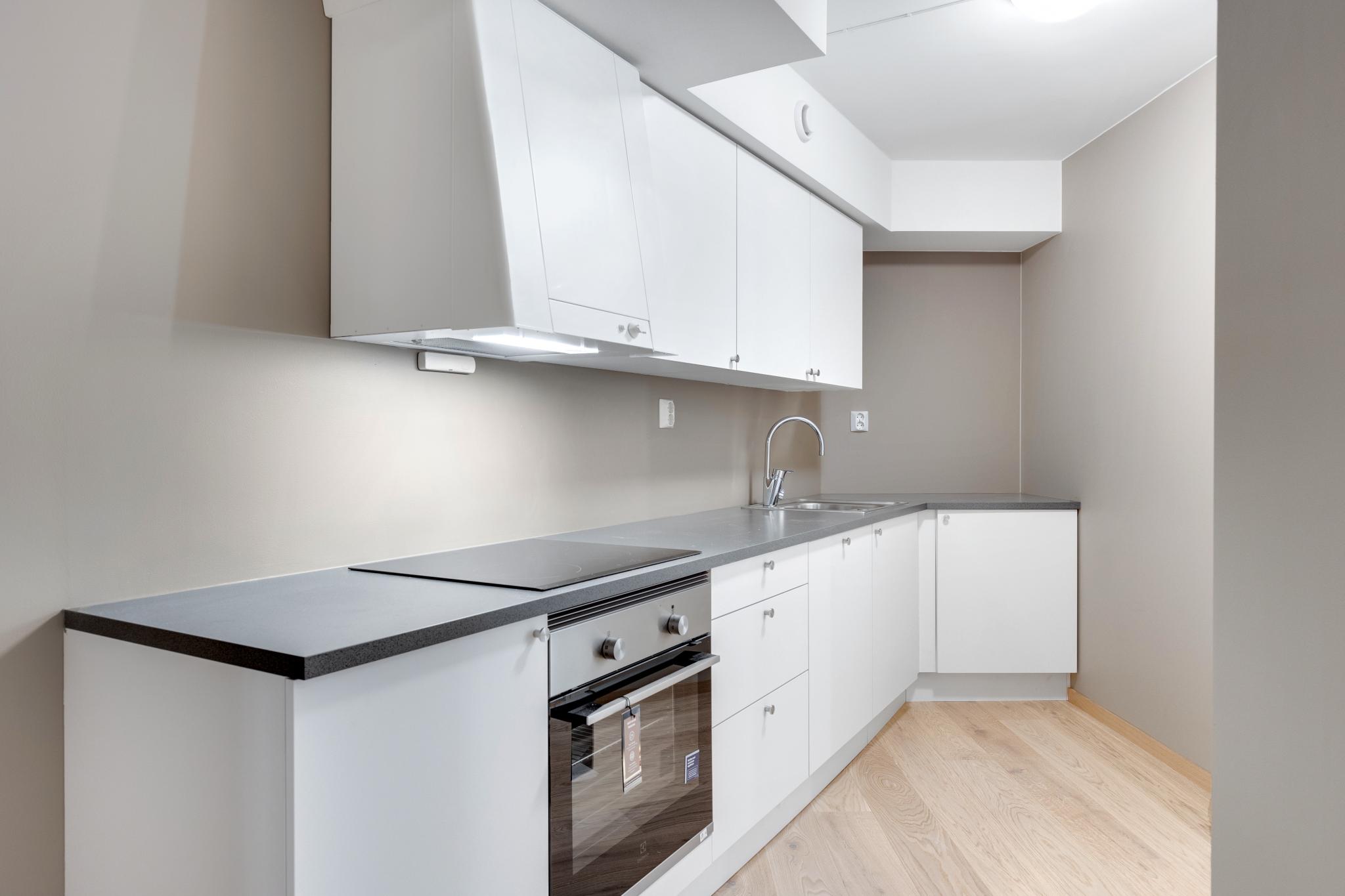 Moderne kjøkken med stilrene fronter og god benkeplass, tilrettelagt for effektiv matlaging.