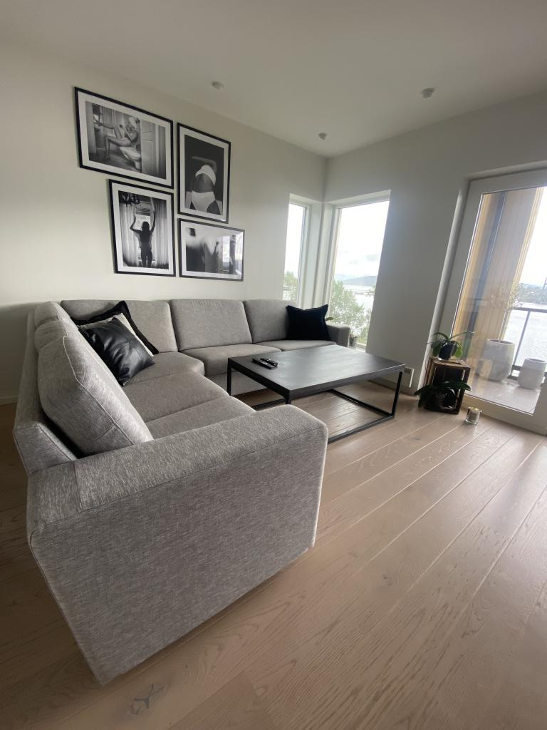 Romslig stue med plass til stor sofa. Sofa som eier har hatt i leiligheten (på bildet) er ca. 290cm lang, og 235cm bred.