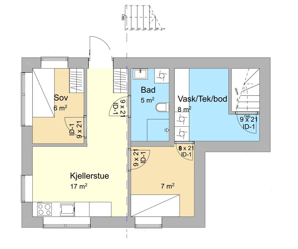 Plantegning. Sov, bad og kjellerstue tilhører leiligheten som leies ut.