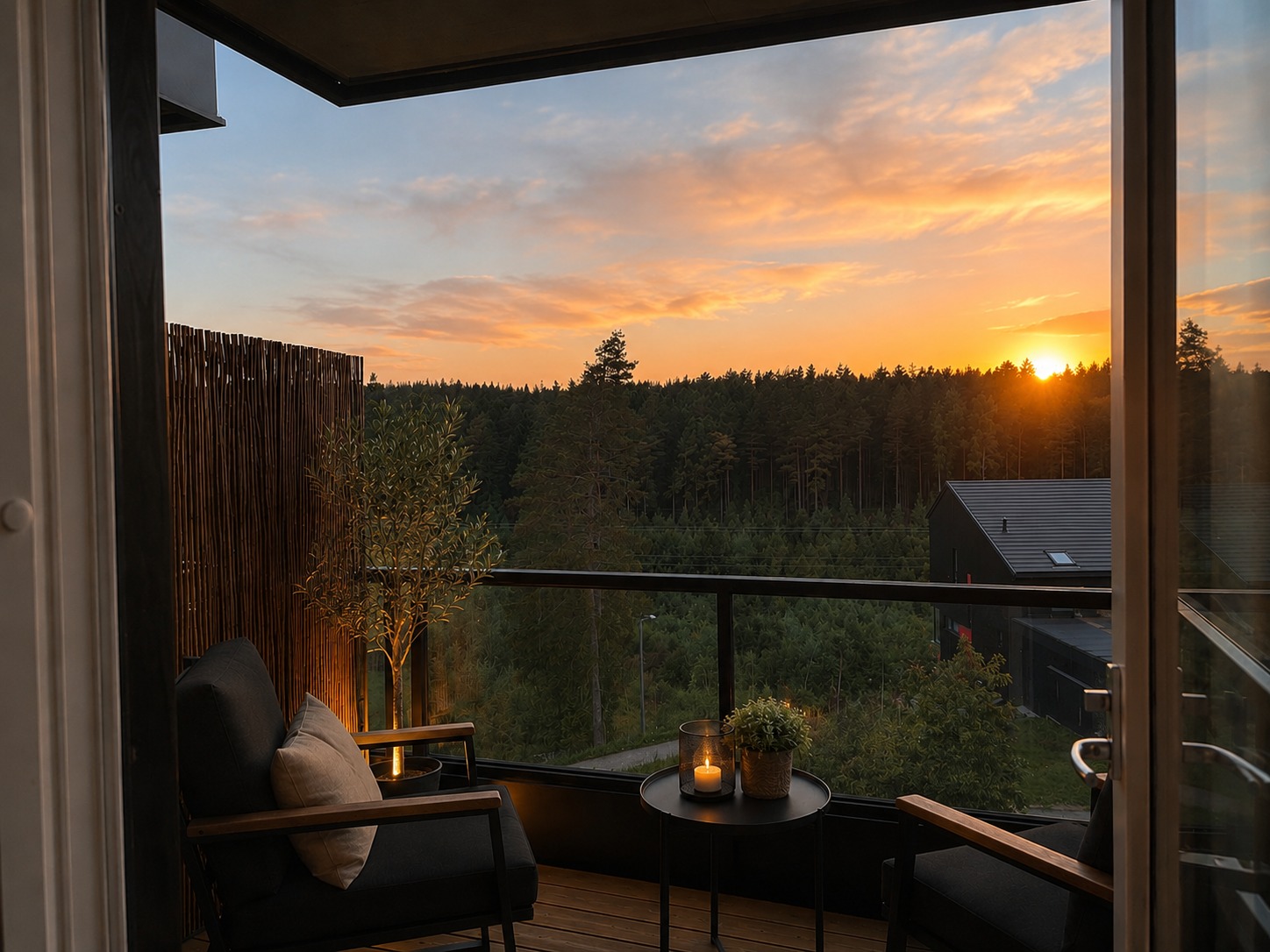 Herlig vestvendt balkong med gode solforhold helt til solen går ned. Ca 5kvm stor..