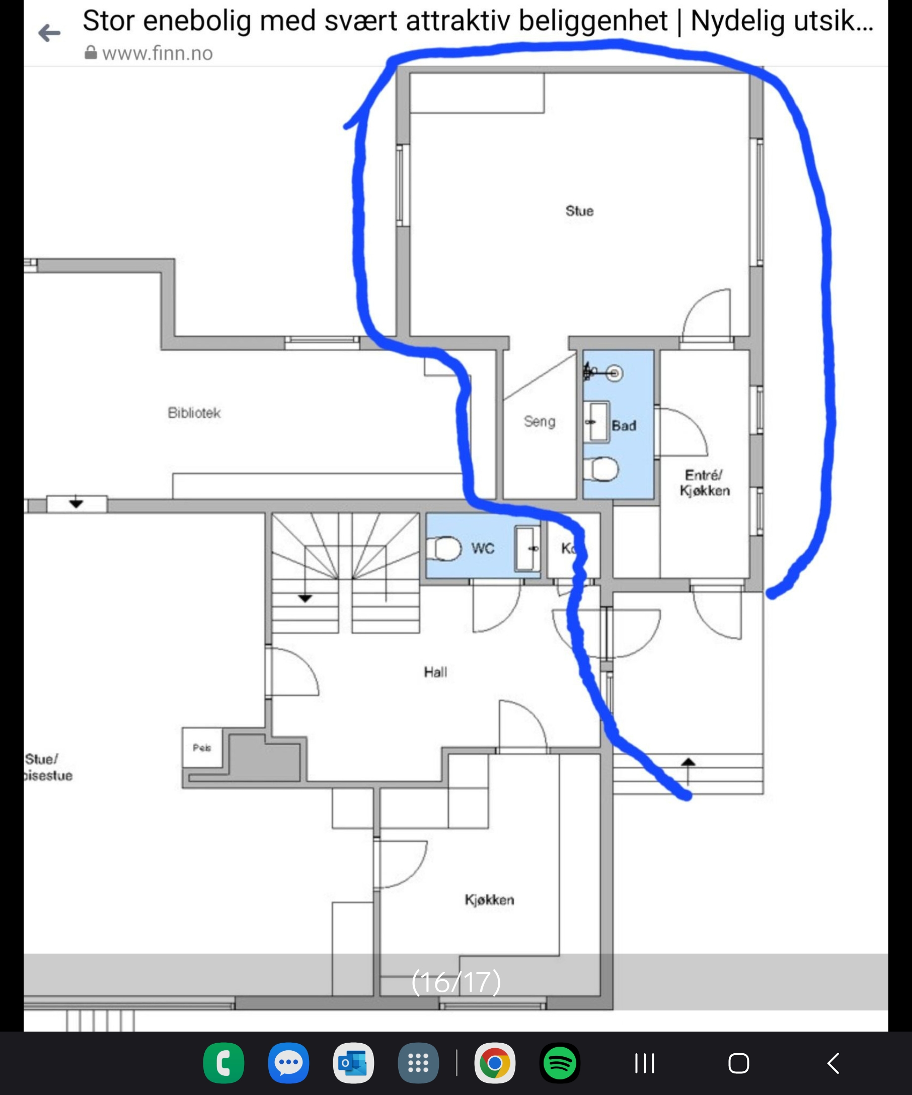 Leiligheten ringet inn med blått.