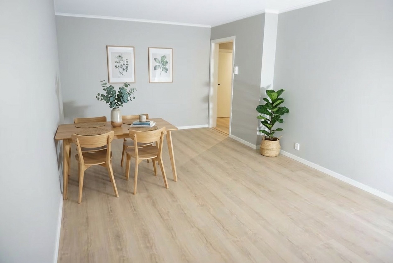 God plass også til spisebord. (Møbler og interiør er AI generert)