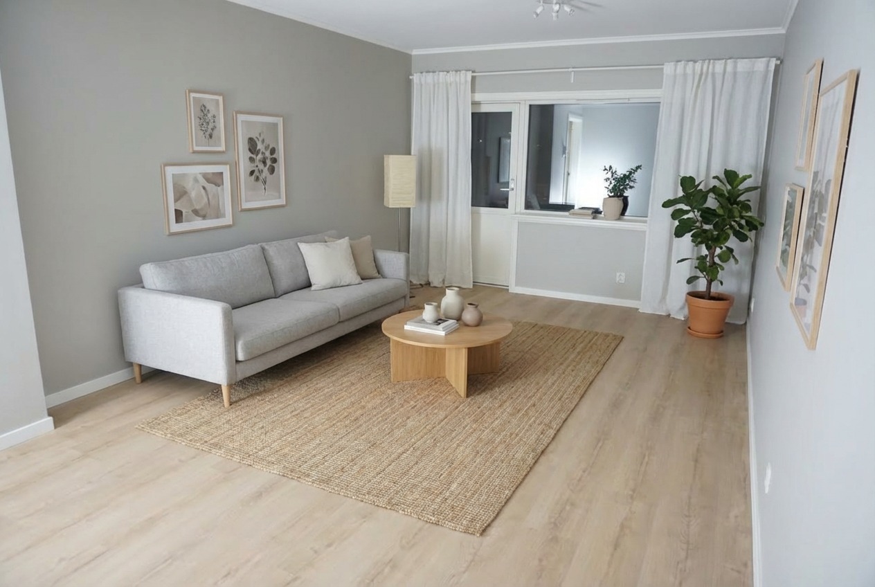 God plass til sofagruppe. (Møbler og interiør er AI generert)