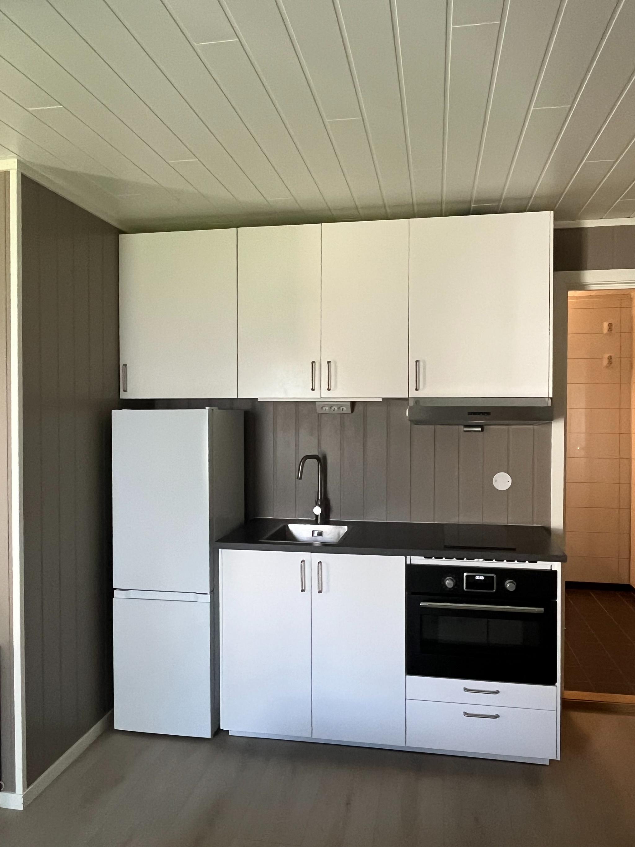 Kjøkken utstyrt med stekeplate, kombinert kjøleskap/frys, stekeovn med mikrofunksjon og ventilator.