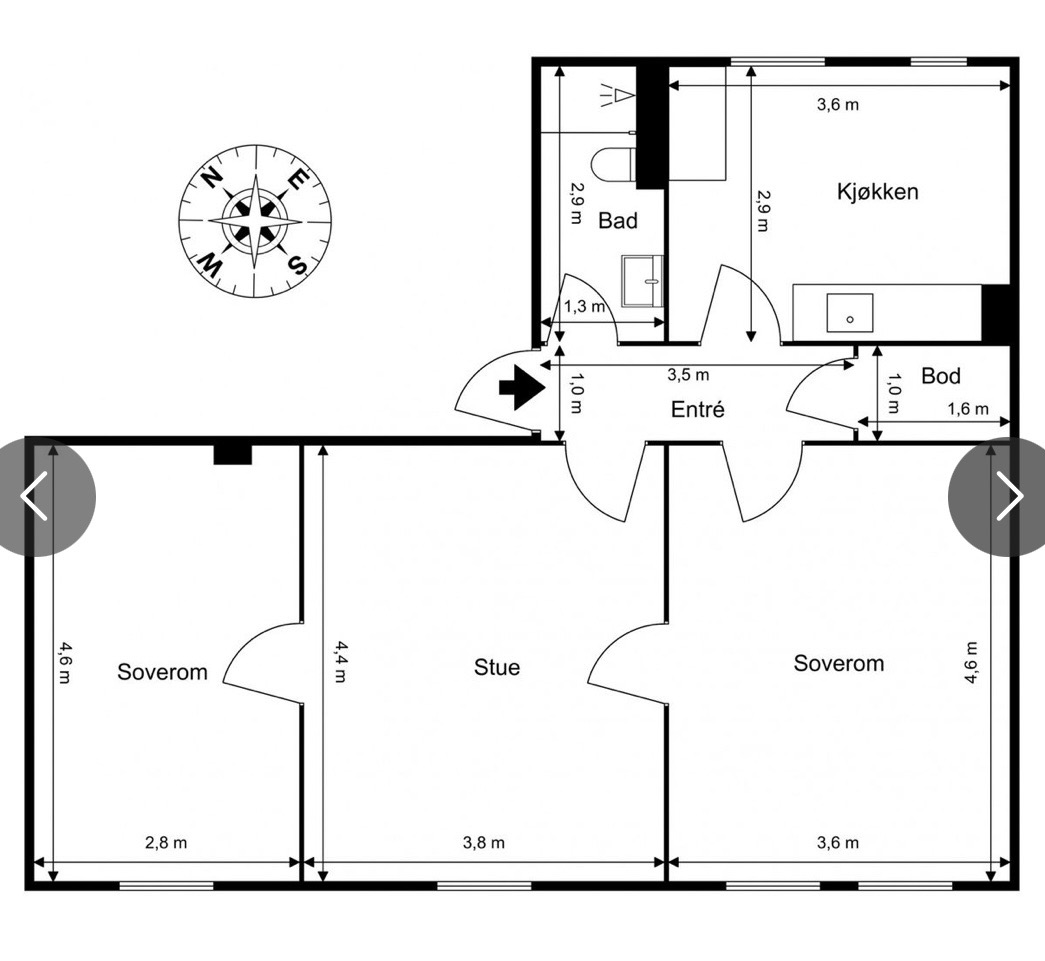Rommet som leies ut er soverommet helt til venstre. Merk at kjøkkenet og soverommet til høyre har byttet plass.