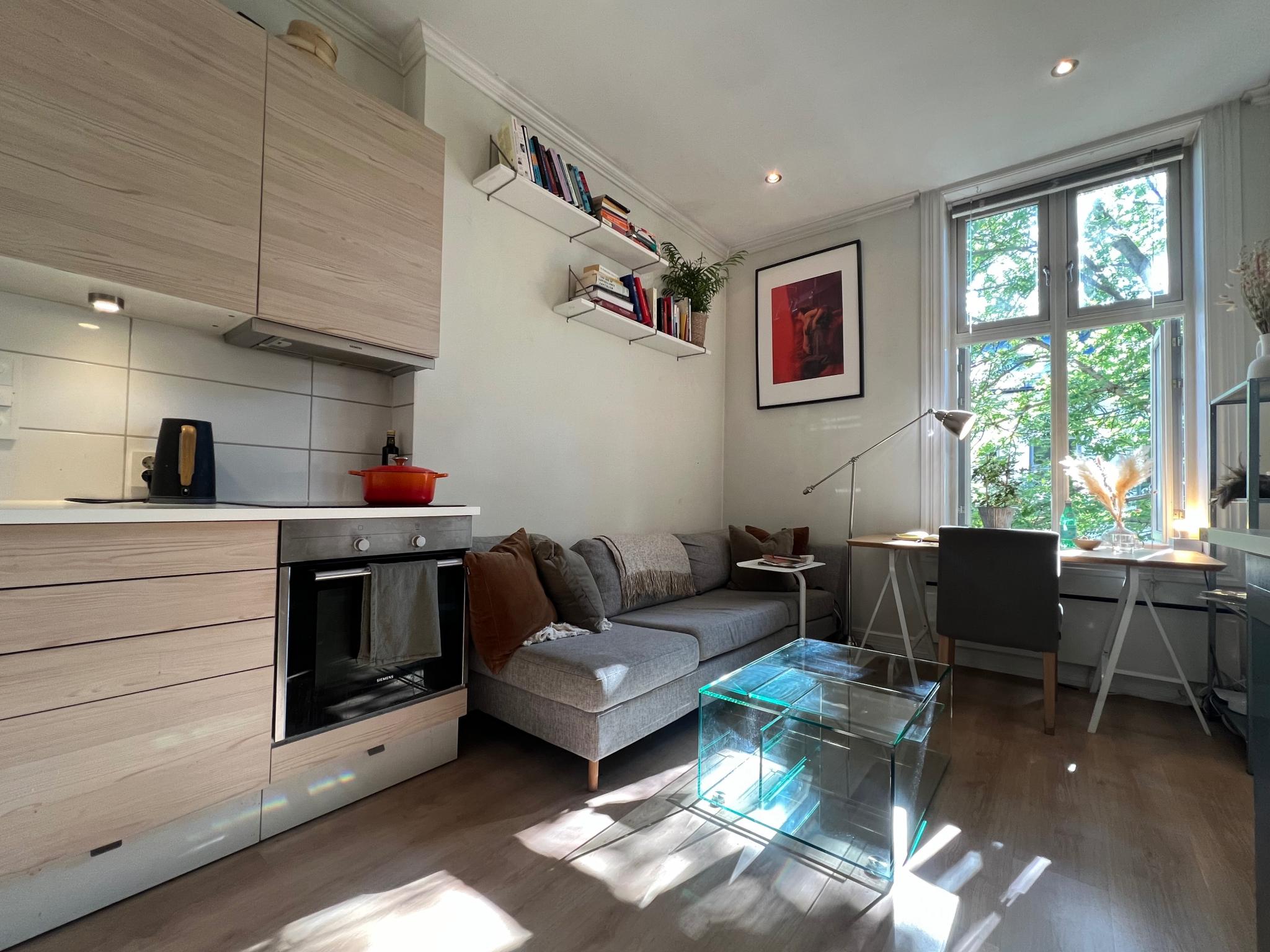 Motsatt side av forrige bilde. Nærmeste side - induksjonsovn og stekeovn, skuffer  og to skap.