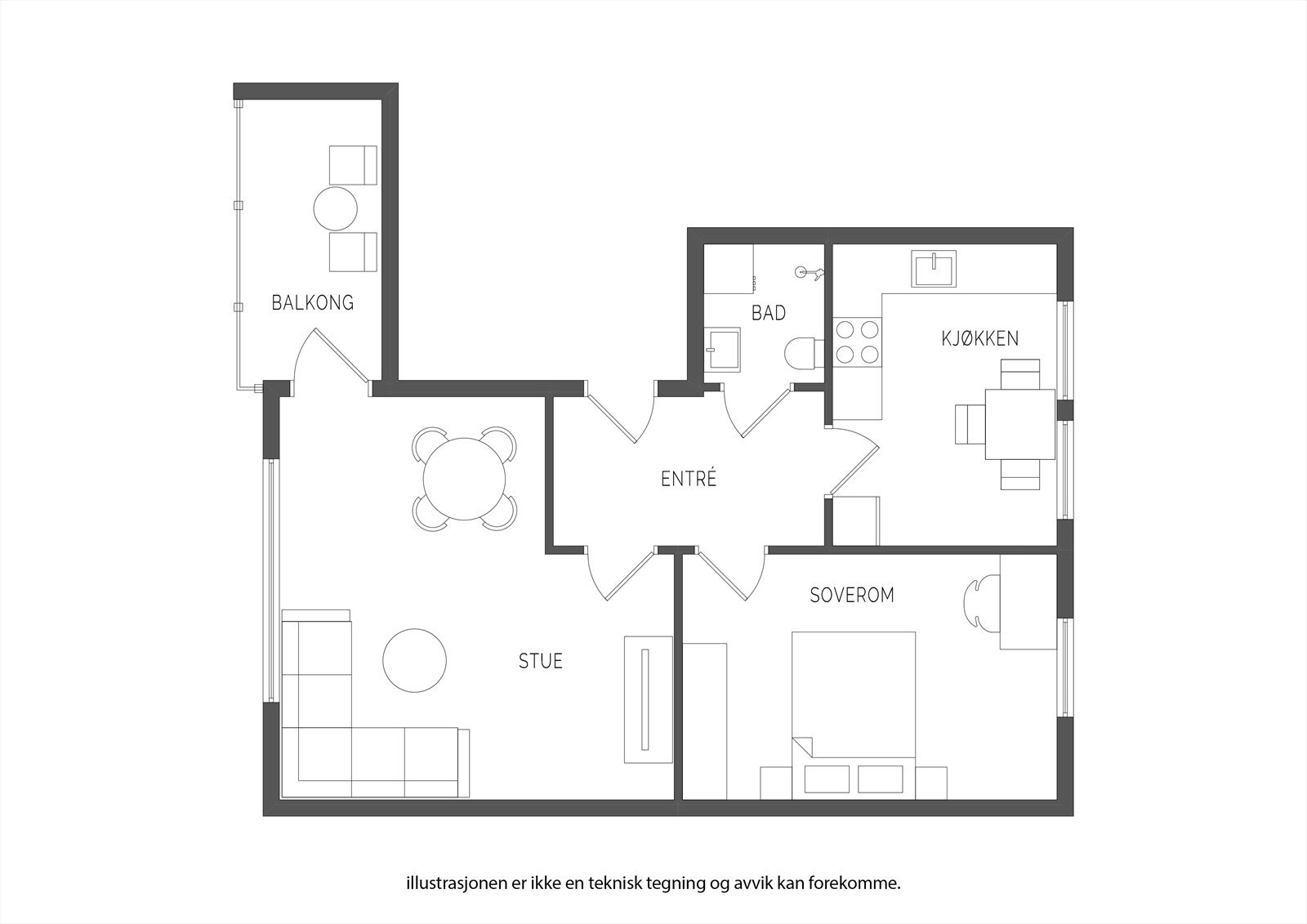 Planløsning for tilsvarende leilighet (merk at denne er speilvendt og har større balkong)