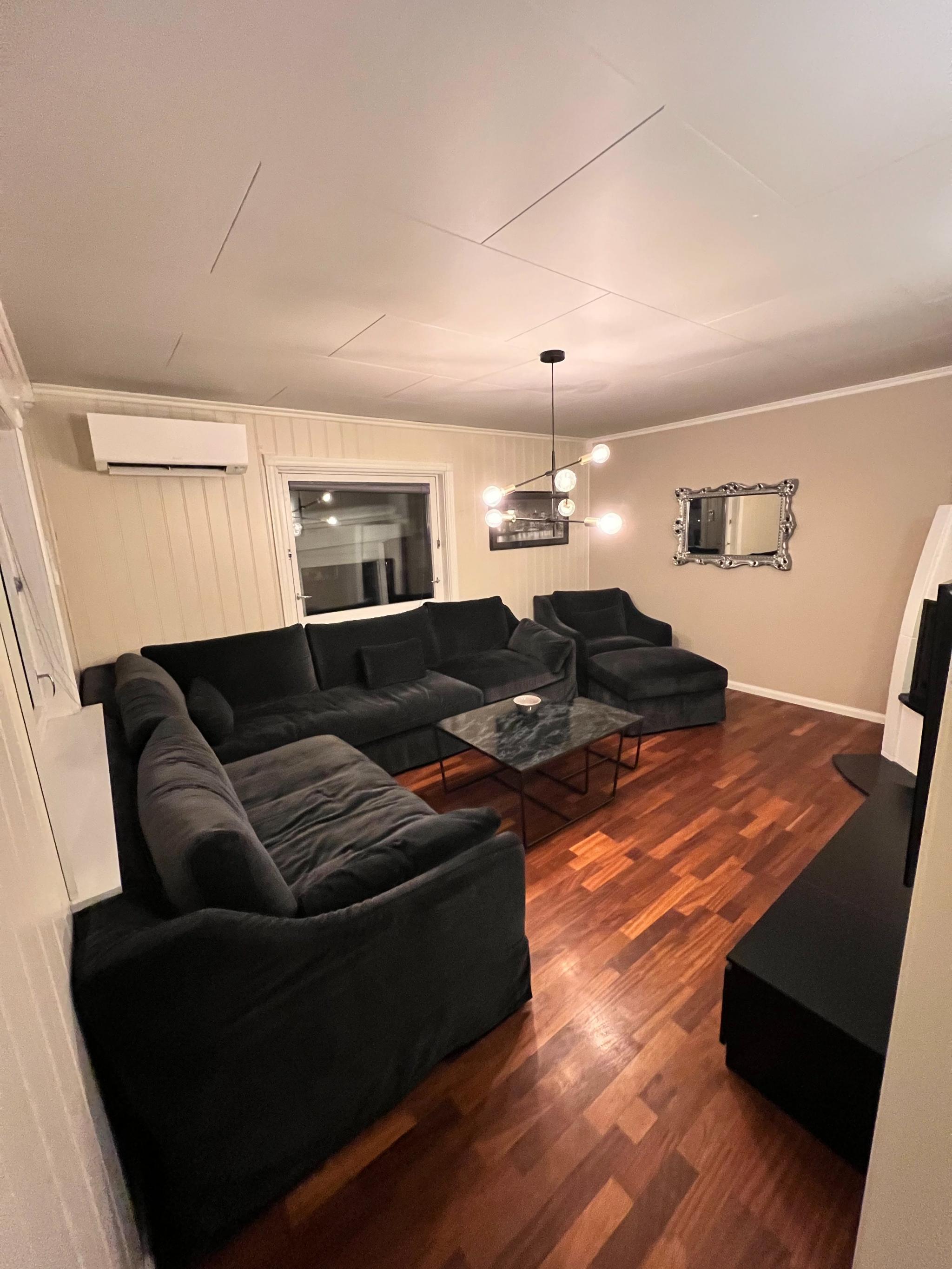 Felles stue med peis, romslig sofa, TV og aircondition.