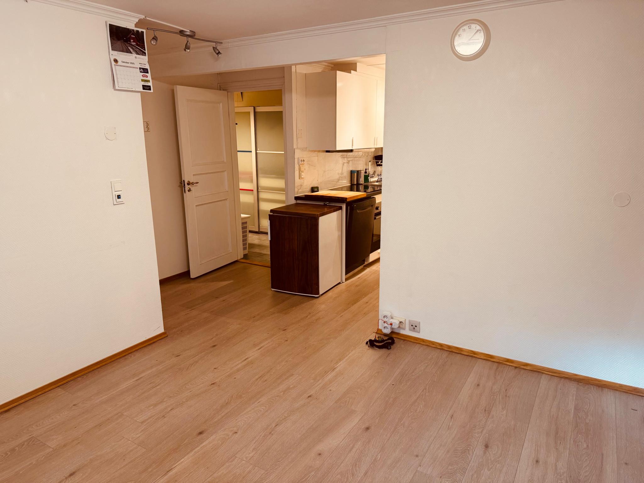 stue mot kjøkken og badet.