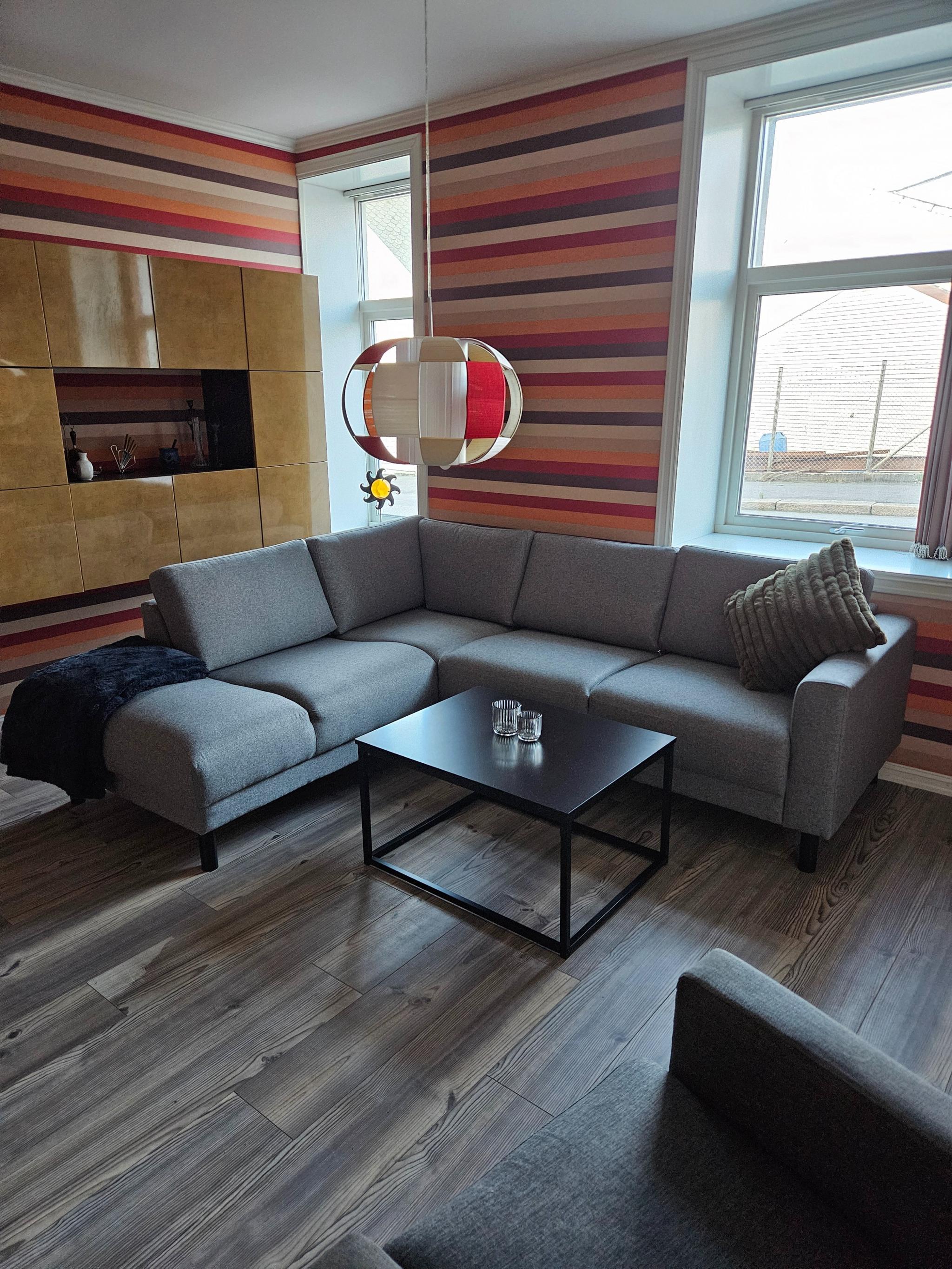 Koselig stue med 2 store vinduer med vedovn.