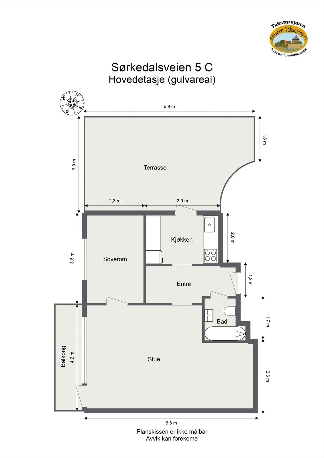 Plantegning av leiligheten, medfølgende bod på 4 kvm.