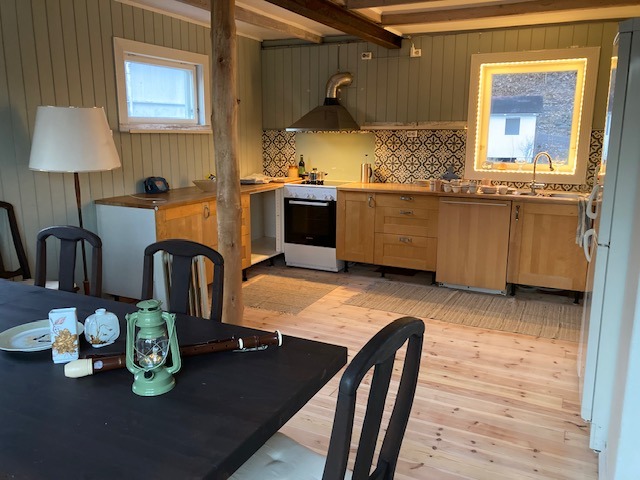 Åpen kjøkkenløsning med god benkeplass, oppvaskmaskin, ovn, kjøleskap og fryseskap. 
