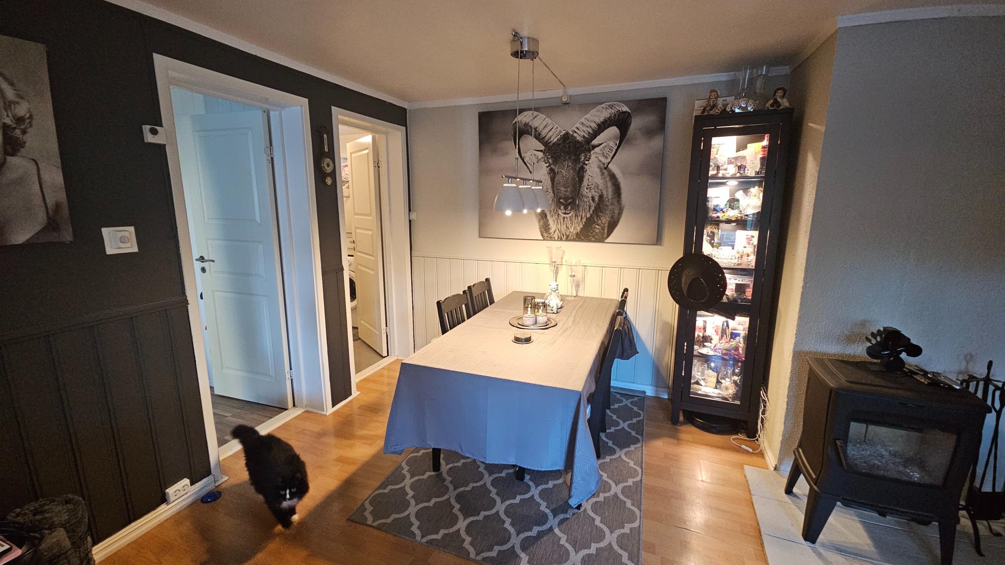 Stuen med plass til spisebord. Dørene går inn til soverommet og vaskerom/bad/bod.