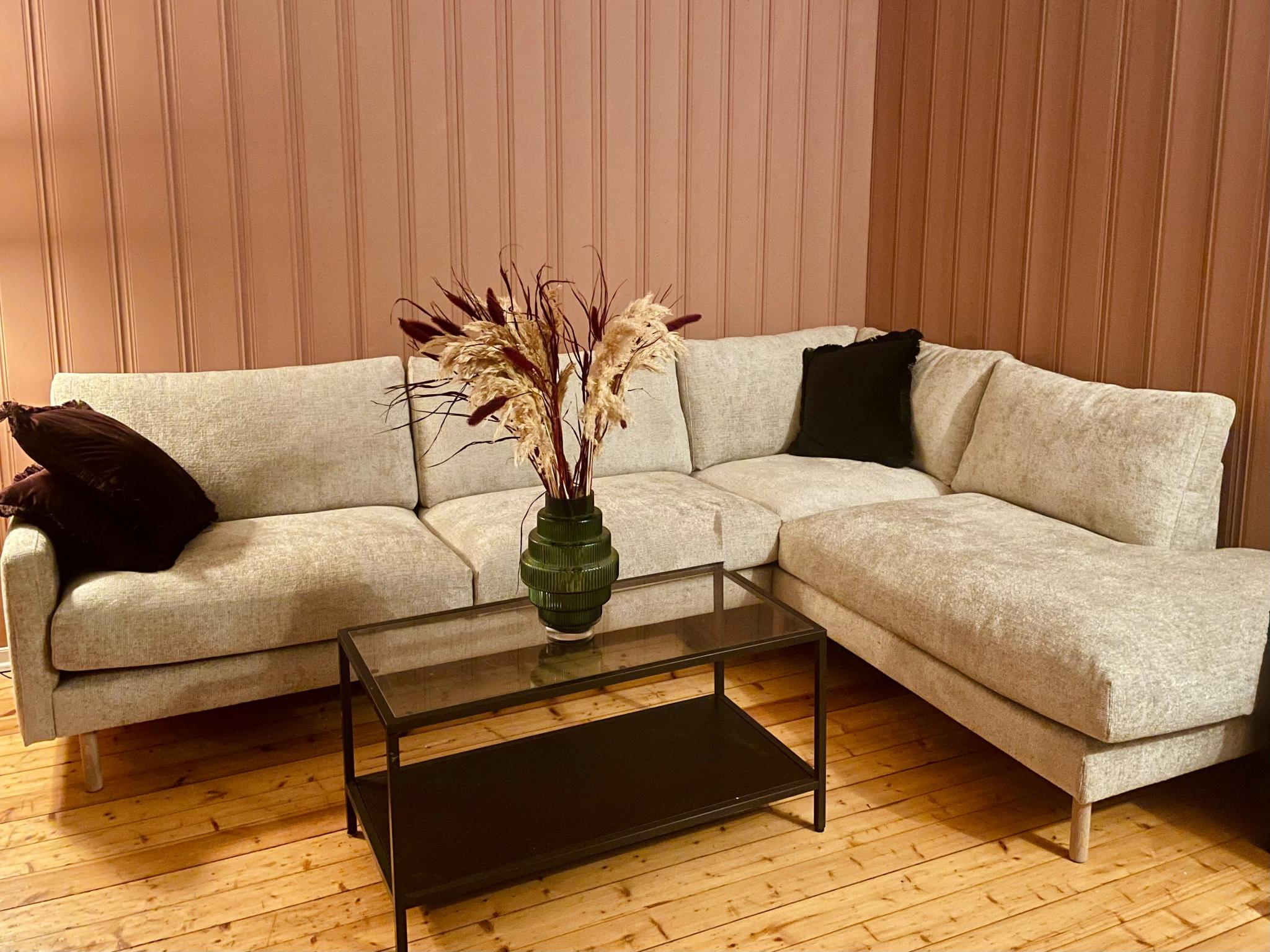 Sofa, med salongbord av med glass topp
