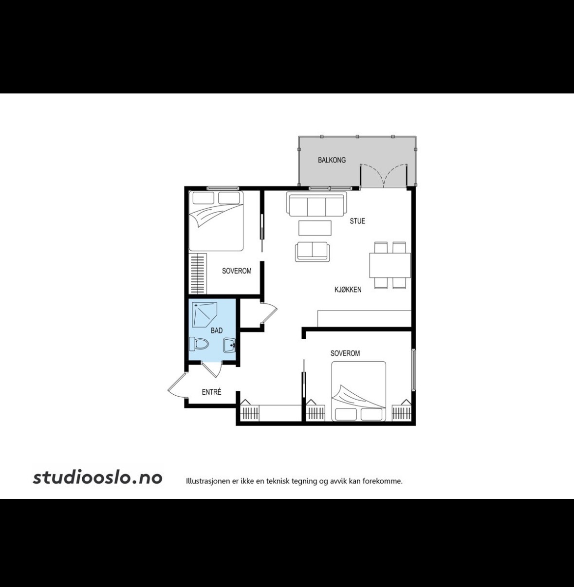 Fra 2019. Rominndeling korrekt, ikke møbleringen. 