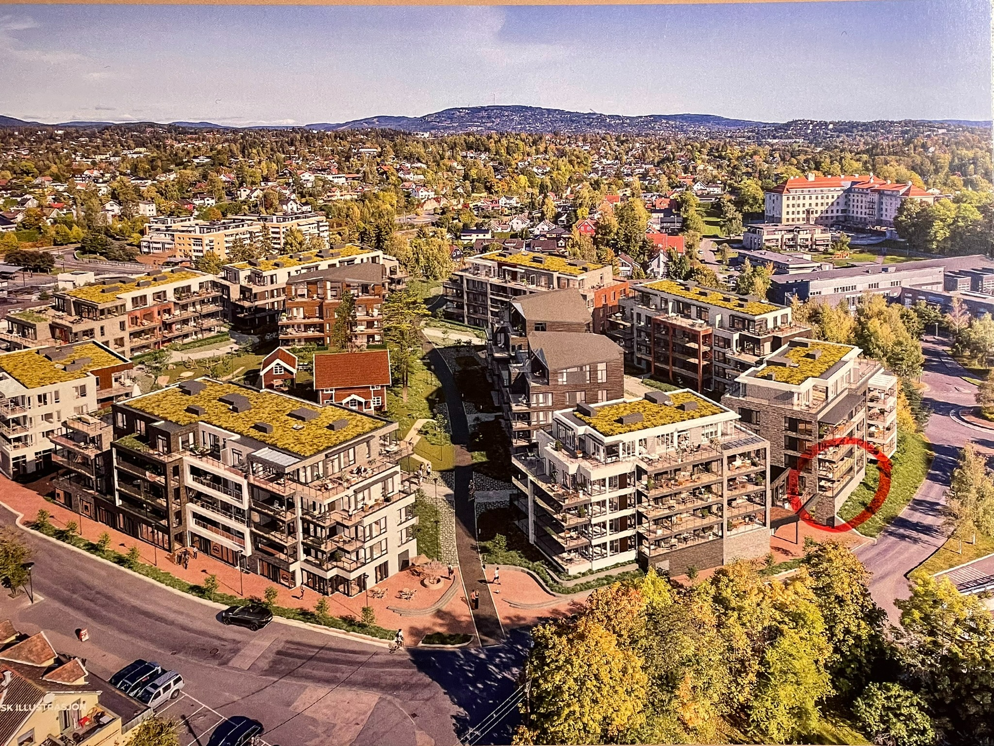 BEKKESTUA HAVE er et nytt spennende boligprosjekt som ligger rett ved Bekkestua sentrum.
Leiligheten er markert med rød ring