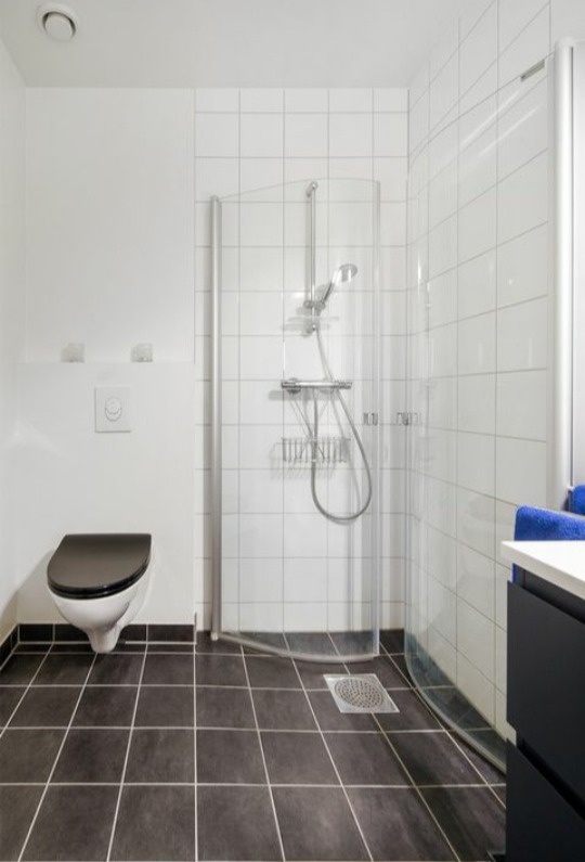 Baderom med romslig baderoms møblement, vegghengt toalett og praktisk dusj med vendbare glassvegger.