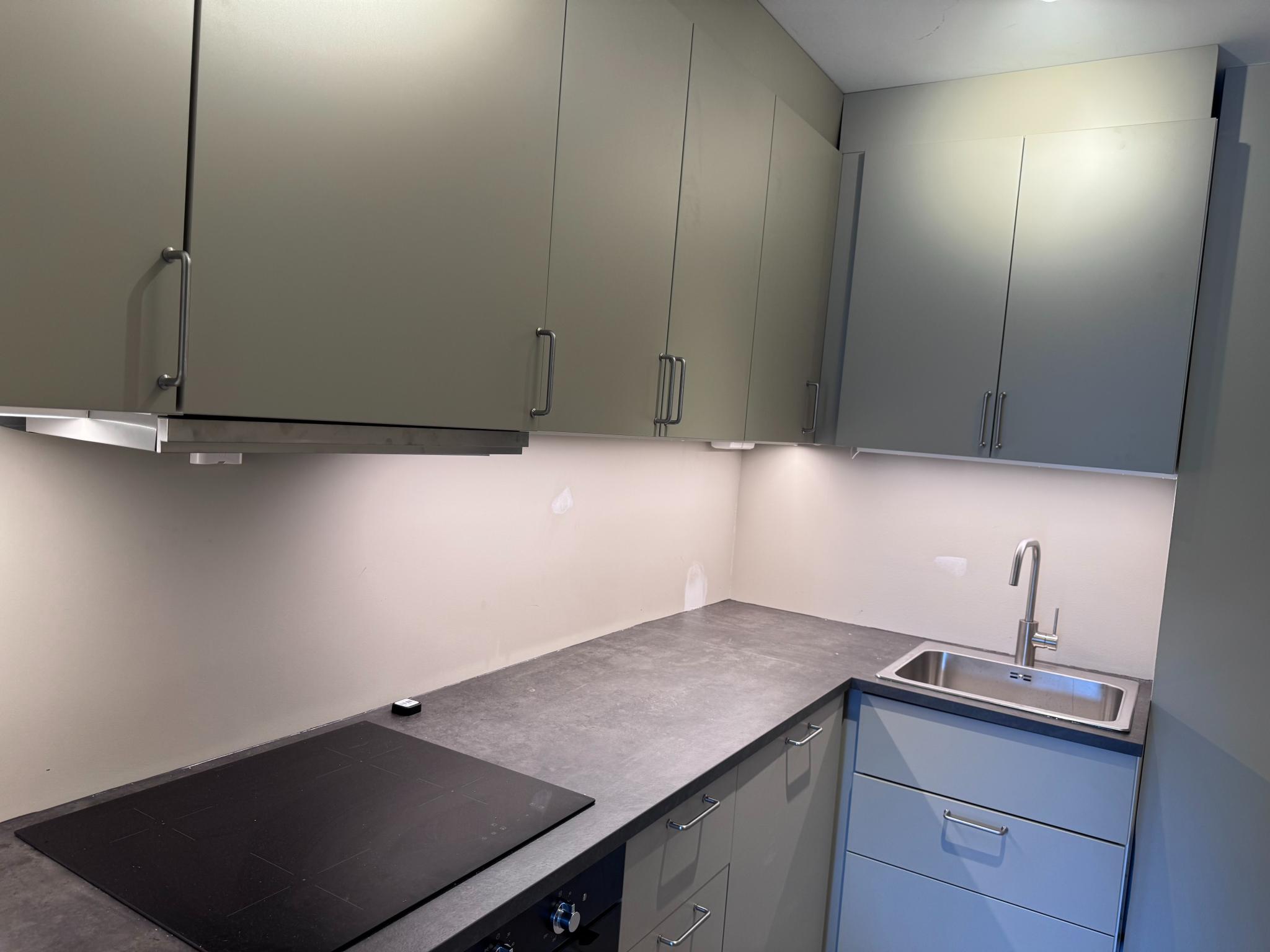 Helt nytt IKEA-kjøkken fra 2025 med stekeovn, induksjons-platetopp, kullfilter, oppvaskmaskin og kombiskap.