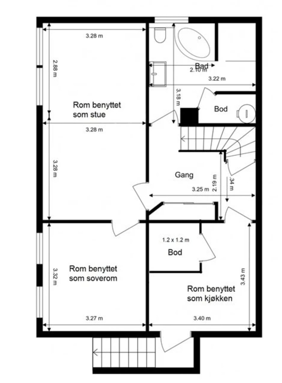 Plantegning av etasjen. Innvendig trapp er i hoved delen, og vil være låst av. Denne er ikke en del av utleiedel. 