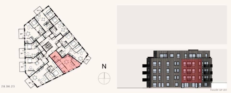 Planløsning og fasade:
Leilighet C206 – effektiv 3-roms planløsning på 61 m² med naturlig lys og smarte romløsninger. Sørøstvendt fasade gir godt dagslys og moderne arkitektur.