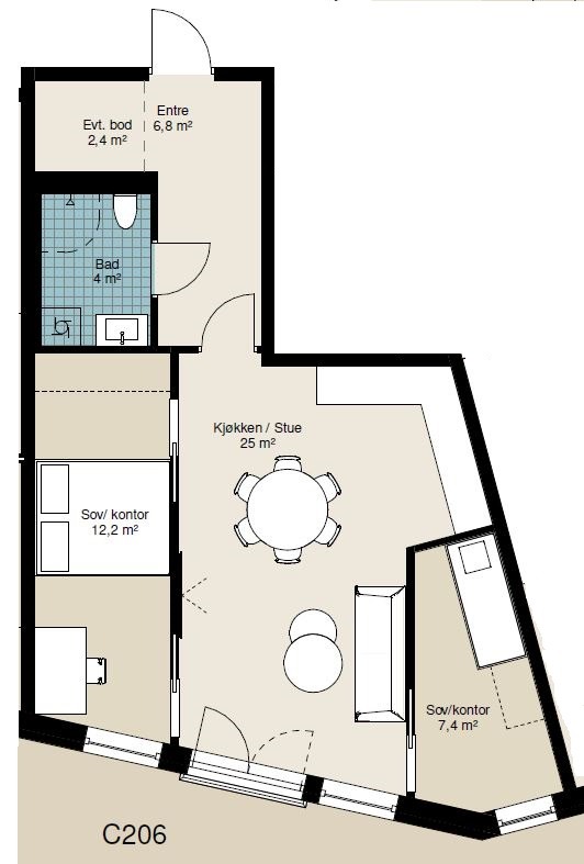 Planløsning og fasade:
Leilighet C206 – effektiv 3-roms planløsning på 61 m² med naturlig lys og smarte romløsninger. Sørøstvendt fasade gir godt dagslys og moderne arkitektur.