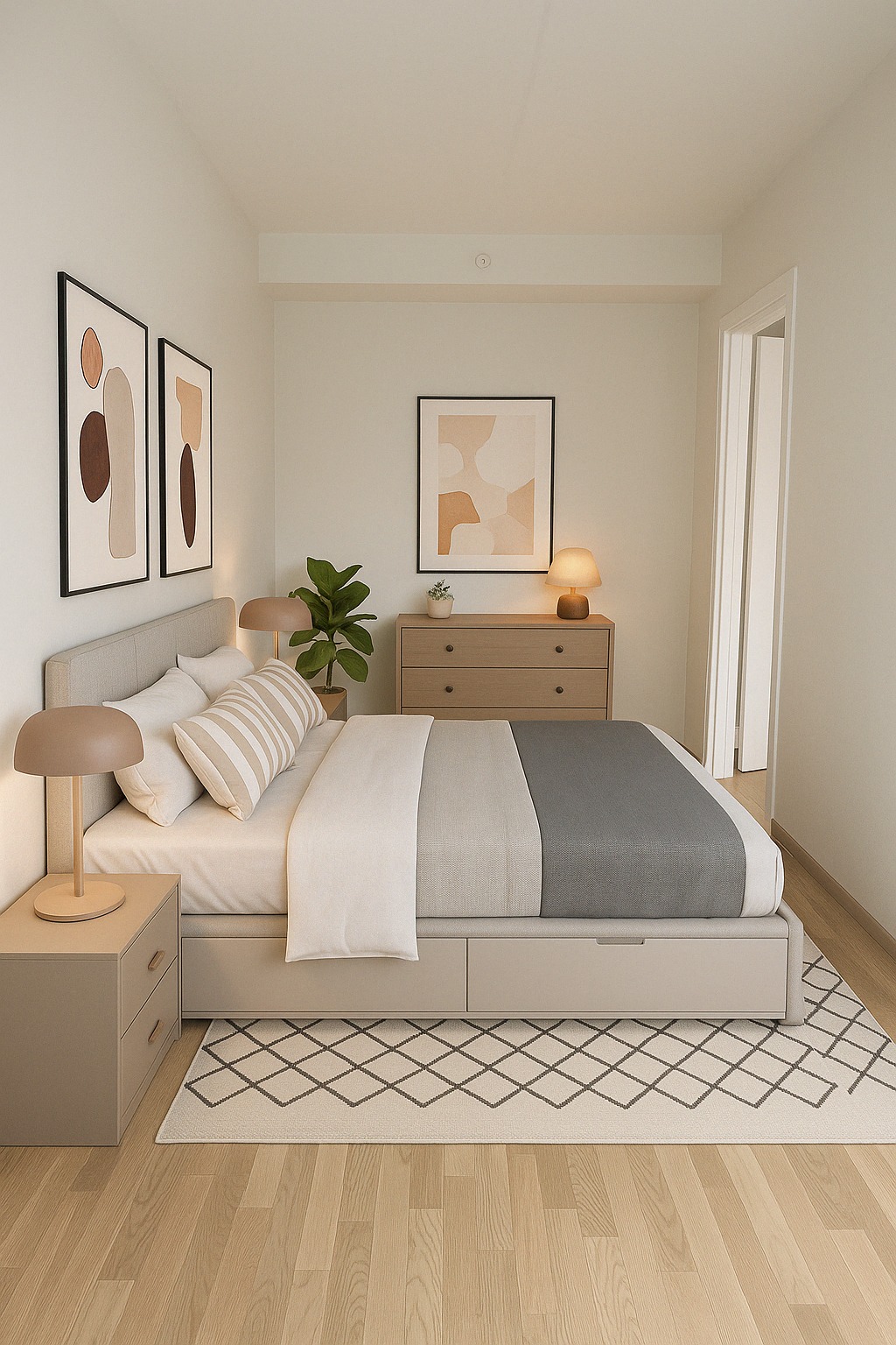 Soverom 1 – møblert med AI:
Slik kan du innrede hovedsoverommet! Eksempelvis med dobbeltseng, nattbord, kommode og dekor – rommet gir både funksjon og komfort i en elegant ramme.