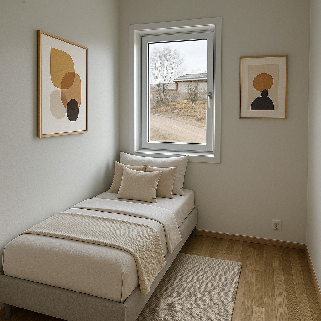 Soverom 2 – møblert med AI:
Soverommet visualisert som et rolig kontor eller gjesterom – her er det lett å kombinere funksjonalitet og estetikk.